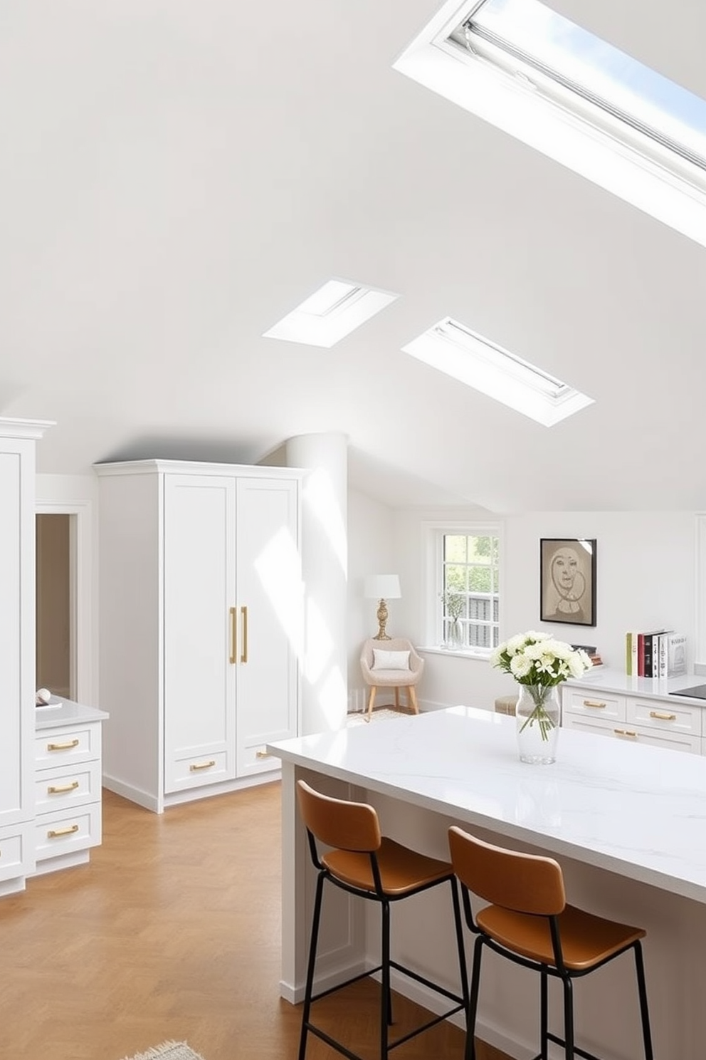 Bright kitchen area with island seating. The space features white cabinetry with gold hardware and a large island topped with quartz, surrounded by stylish bar stools. Modern attic design ideas. The area showcases sloped ceilings with skylights that flood the room with natural light, complemented by minimalist furniture and a cozy reading nook.