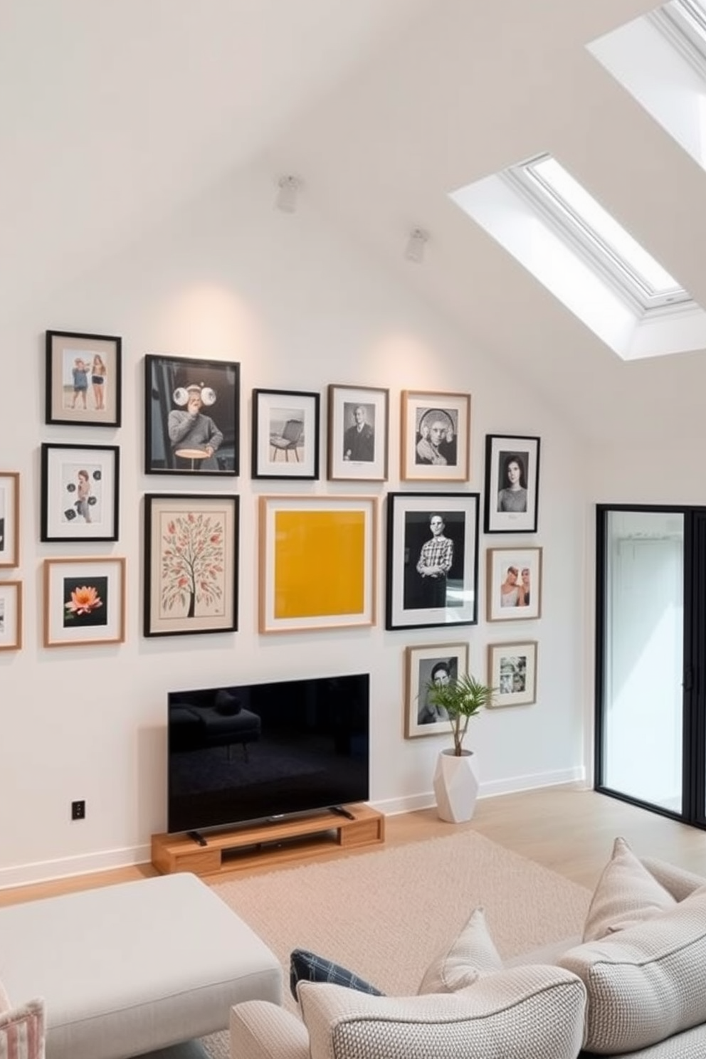 A unique gallery wall showcasing personal art features a variety of framed pieces in different sizes and styles. The wall is painted in a soft white to enhance the colors of the artwork, with strategically placed spotlights illuminating each piece. Modern attic design ideas emphasize open spaces and natural light. The room includes sleek furniture with clean lines, large skylights, and a cozy reading nook with plush cushions.