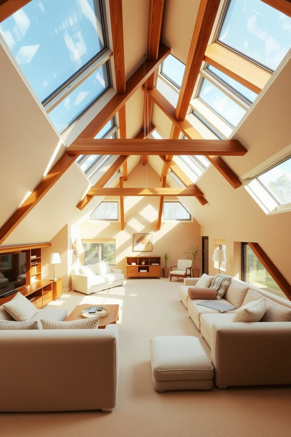 A warm color palette fills the space with an inviting atmosphere. Soft beige walls complement rich wooden beams and furniture, creating a cozy retreat. The modern attic design features large skylights that flood the room with natural light. Plush seating arrangements and a minimalist decor enhance the sense of openness and comfort.