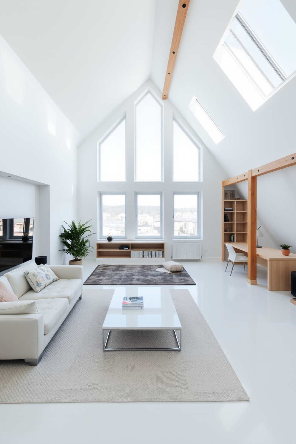 A bright open plan living space with expansive white walls and large windows allowing natural light to flood in. The room features a cozy seating area with a plush sofa and a sleek coffee table, creating an inviting atmosphere. In the modern attic, the design showcases exposed wooden beams that add character to the space. A minimalist desk is positioned near the window, providing a perfect nook for work or study while enjoying the view.