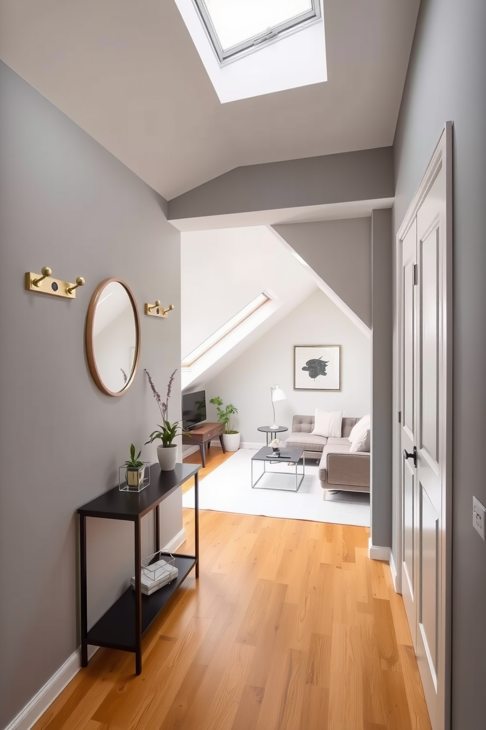 Stylish entryway with decorative hooks. The walls are painted in a soft gray, and the floor is covered with a warm wooden finish. A console table sits against the wall, adorned with a small potted plant and a decorative mirror above it. Decorative hooks in a brushed brass finish are mounted on the wall, providing a functional yet stylish touch. Modern attic design ideas. The space features sloped ceilings with large skylights that fill the room with natural light. A cozy seating area is created with a plush sectional sofa and a minimalist coffee table, while a small workspace with a sleek desk is tucked into one corner.