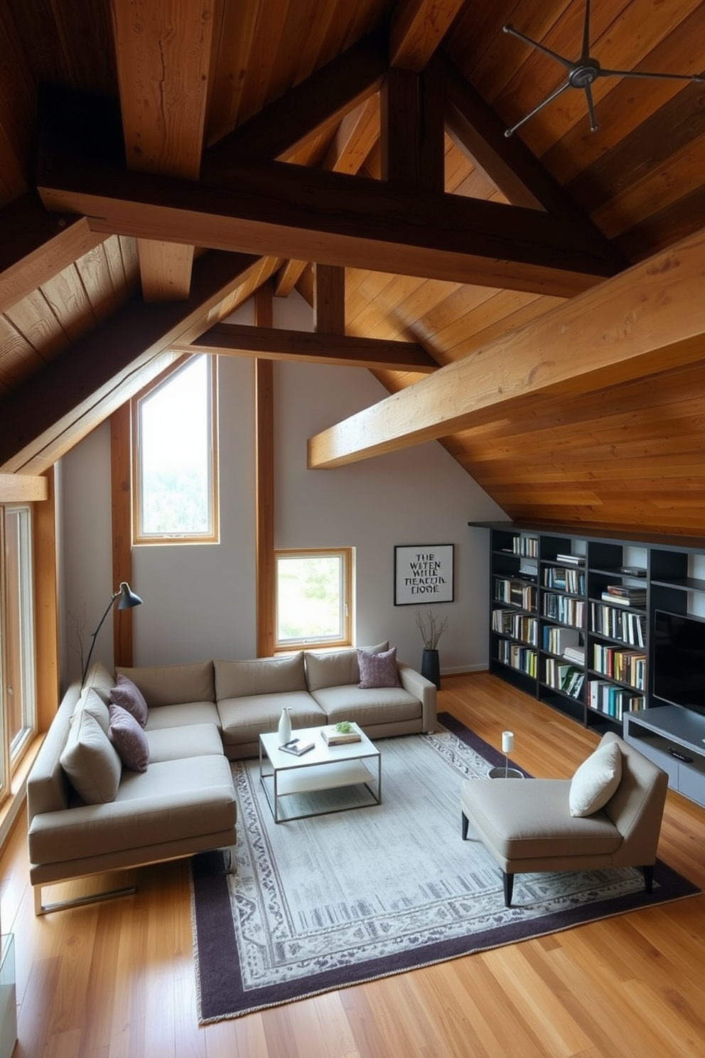 A cozy attic space featuring rustic wooden beams that contrast beautifully with sleek modern furniture. The room includes a plush sectional sofa in a neutral tone, paired with a minimalist coffee table and a stylish area rug. Large windows allow natural light to flood the space, highlighting the warmth of the wooden beams. A contemporary bookshelf lines one wall, showcasing a mix of books and decorative items for an inviting atmosphere.