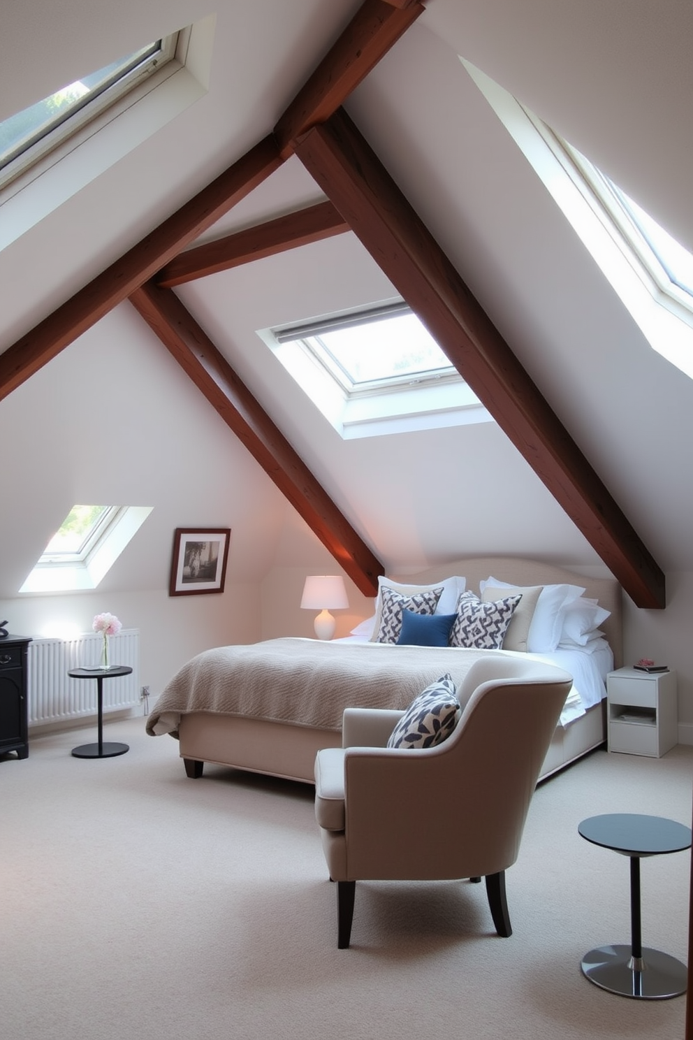 Chic attic bedroom with soft lighting. The room features a sloped ceiling with exposed wooden beams and large skylights that allow natural light to flood in. A plush bed is centered against the wall, adorned with cozy linens and decorative pillows. A stylish armchair sits in the corner, complemented by a small side table and a lamp for reading.