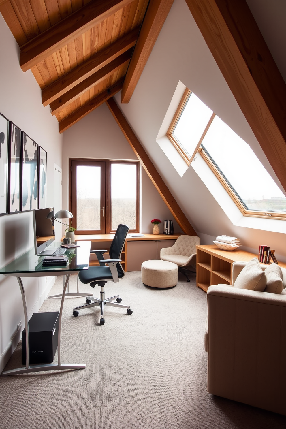 A stylish office features an angled desk setup with a sleek glass surface and minimalist metal legs. The walls are adorned with abstract art, and a comfortable ergonomic chair complements the contemporary design. The modern attic design showcases exposed wooden beams and large skylights that flood the space with natural light. Soft, neutral furnishings create a cozy reading nook, while a small workspace is integrated seamlessly into the layout.