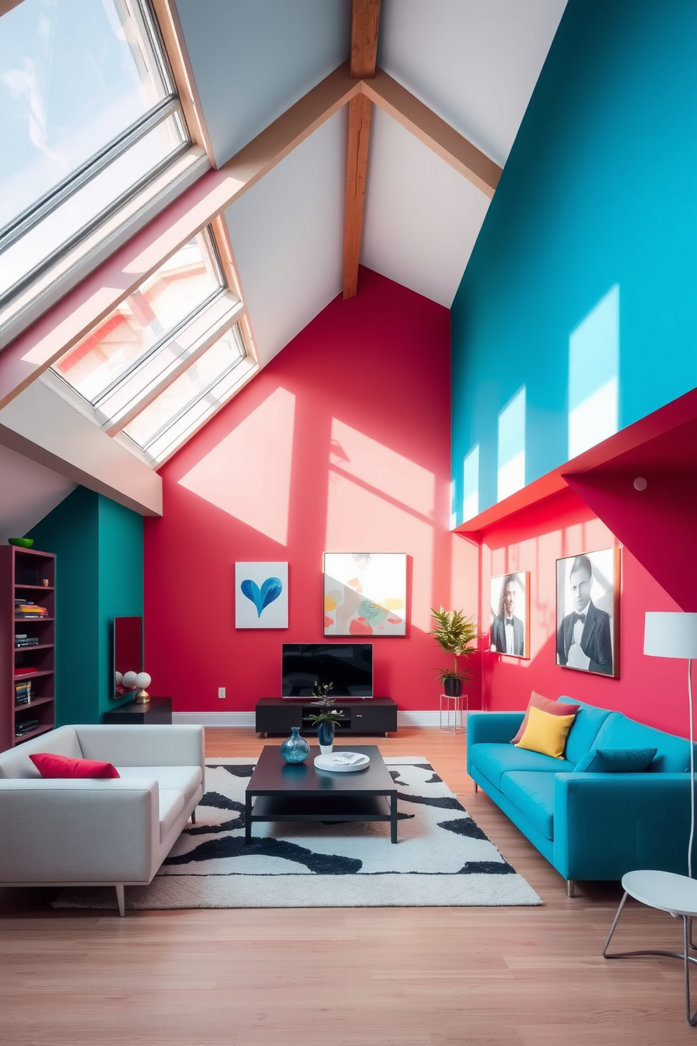 A vibrant accent wall painted in bold colors serves as the focal point of the room, creating an energetic atmosphere. The wall is adorned with abstract art pieces that complement the color scheme and enhance the artistic flair. The modern attic design features sleek lines and minimalist furniture, maximizing the use of space. Large skylights allow natural light to flood the area, highlighting the unique architectural elements of the attic.