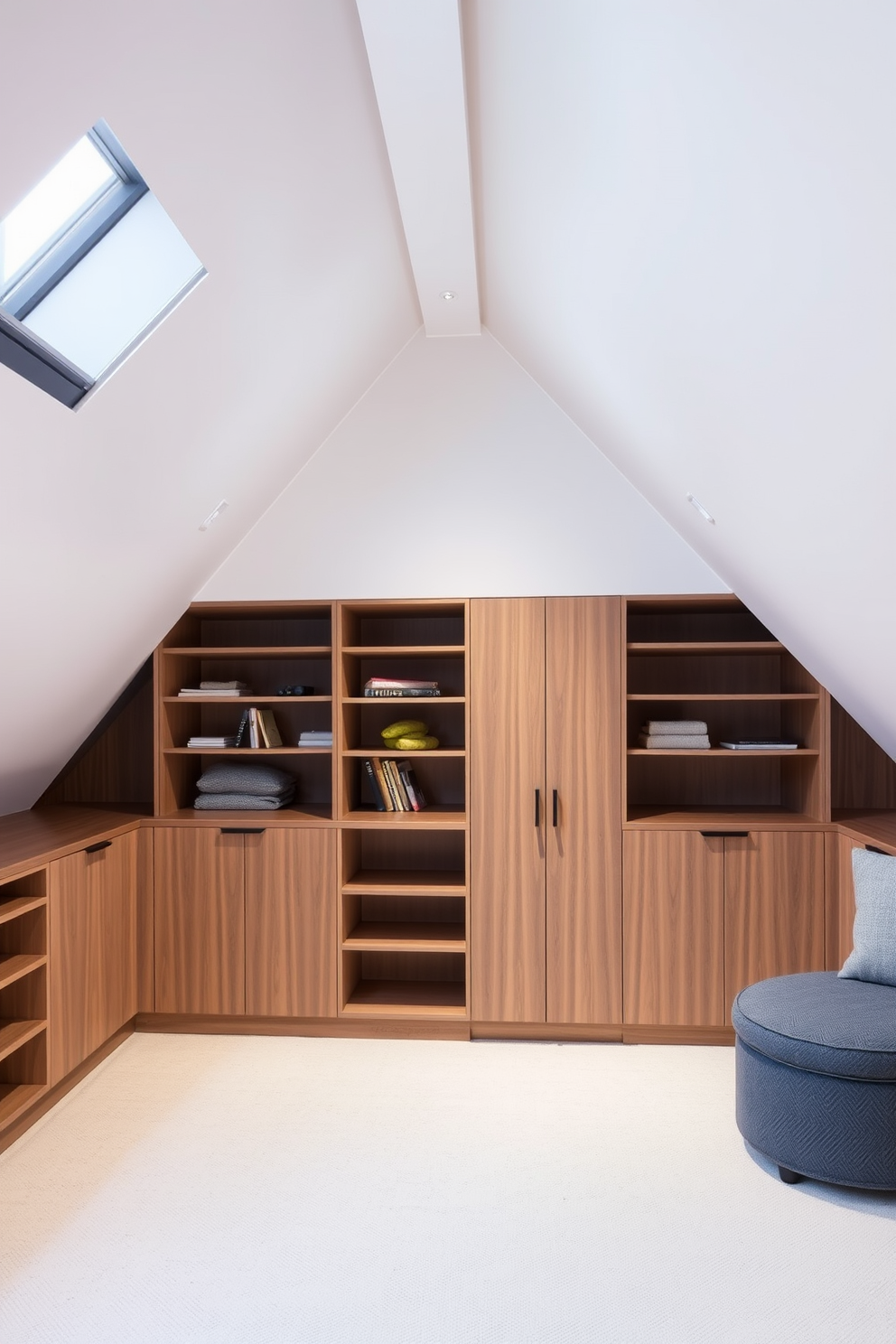 A modern attic space featuring functional storage solutions seamlessly integrated under the eaves. The design includes built-in shelving and cabinets that maximize space while maintaining a clean aesthetic.