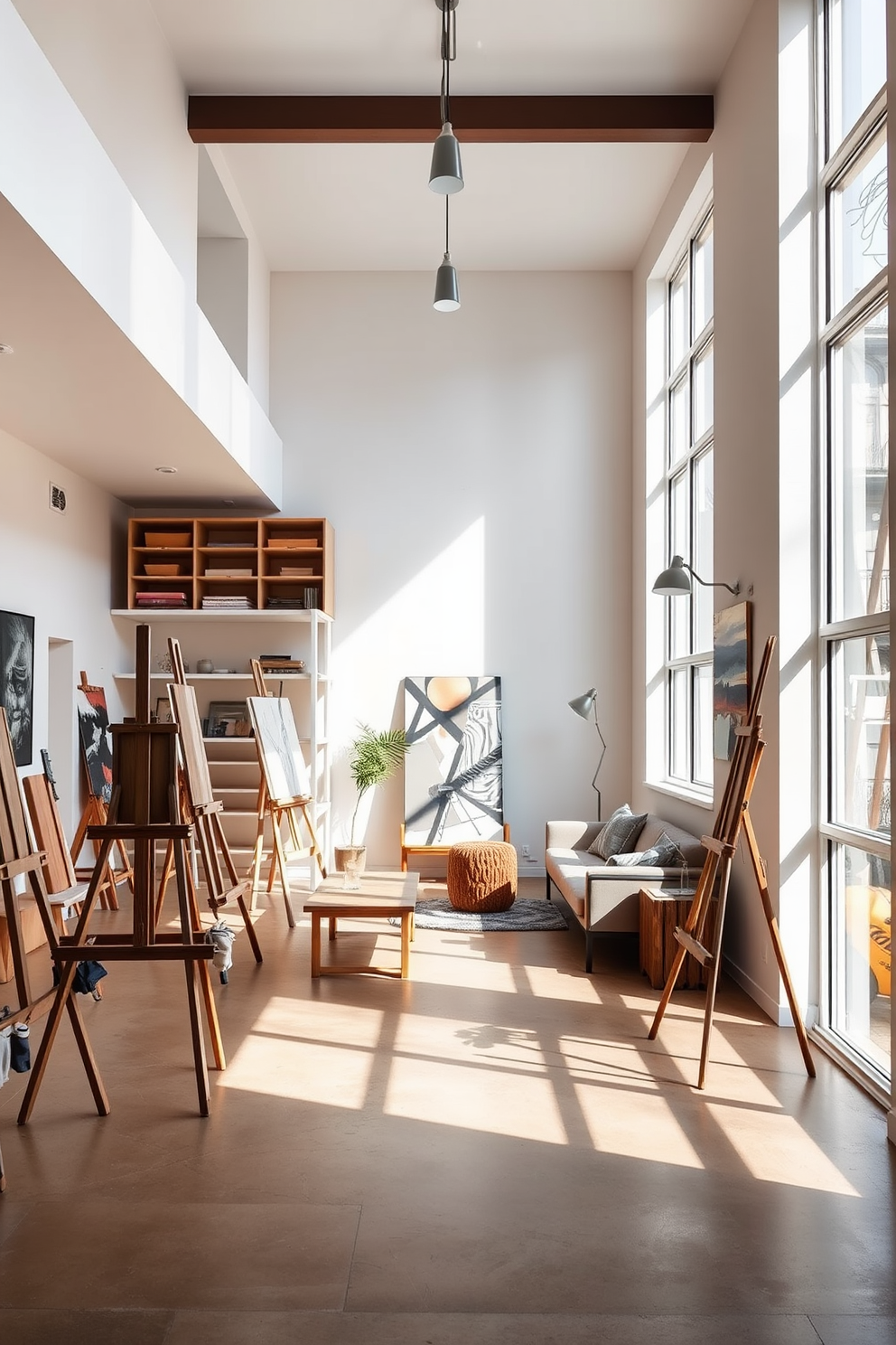 Art studio with natural light and easels. The space features large windows that allow sunlight to flood in, illuminating the wooden floors and white walls. Modern basement design ideas. The area is transformed into a stylish retreat with a cozy seating arrangement, sleek lighting fixtures, and a polished concrete floor.