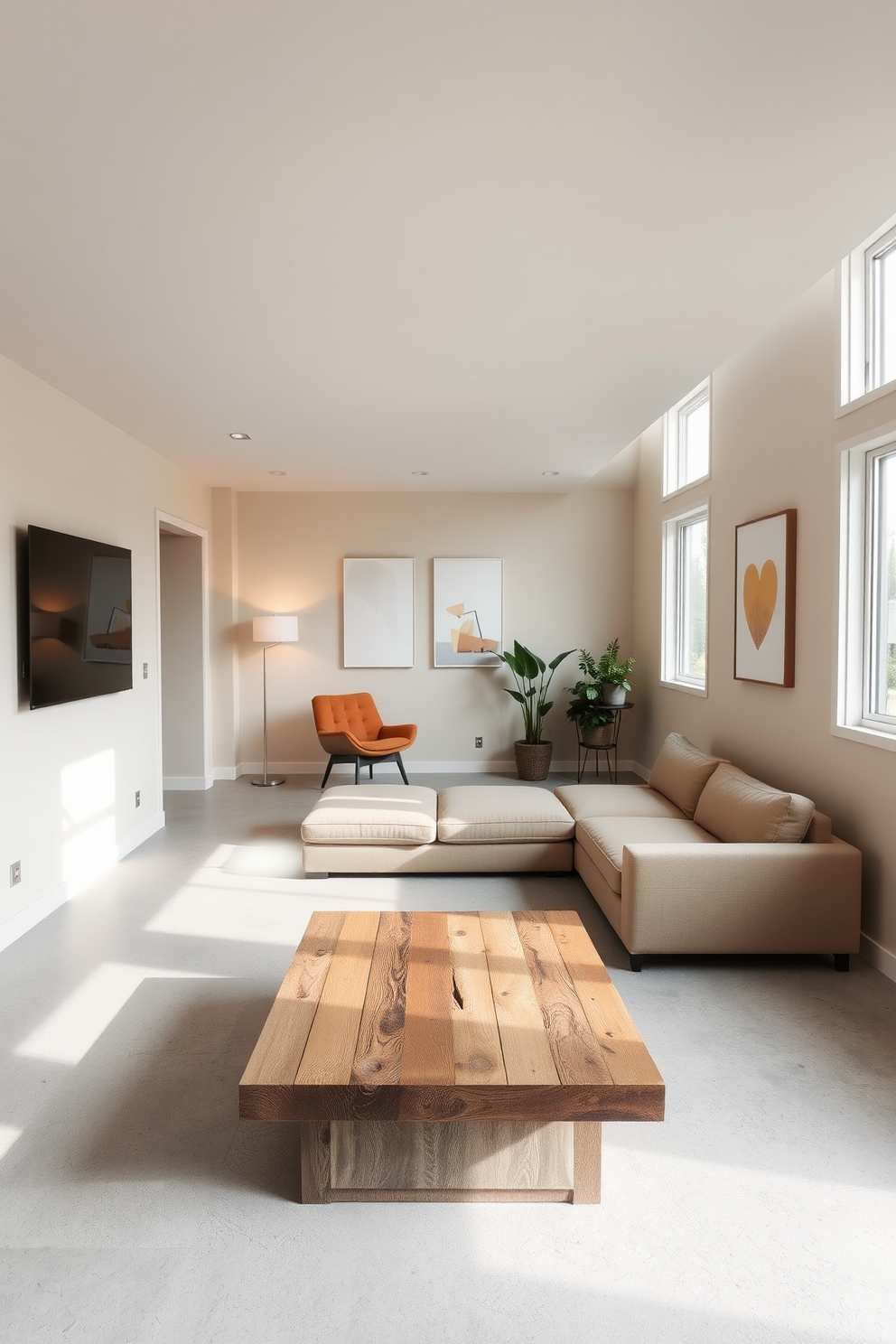 A minimalist basement design featuring a neutral color palette. The walls are painted in soft beige, complemented by a light gray concrete floor. A sleek sectional sofa in a muted tone occupies the center of the space. A low-profile coffee table made of reclaimed wood adds warmth and texture to the room. Large windows allow natural light to flood in, enhancing the airy feel of the basement. Simple, abstract art pieces adorn the walls, maintaining the clean and uncluttered aesthetic. In one corner, a small reading nook with a cozy chair and a floor lamp invites relaxation. Potted plants are strategically placed to bring a touch of nature indoors, adding life to the minimalist design.