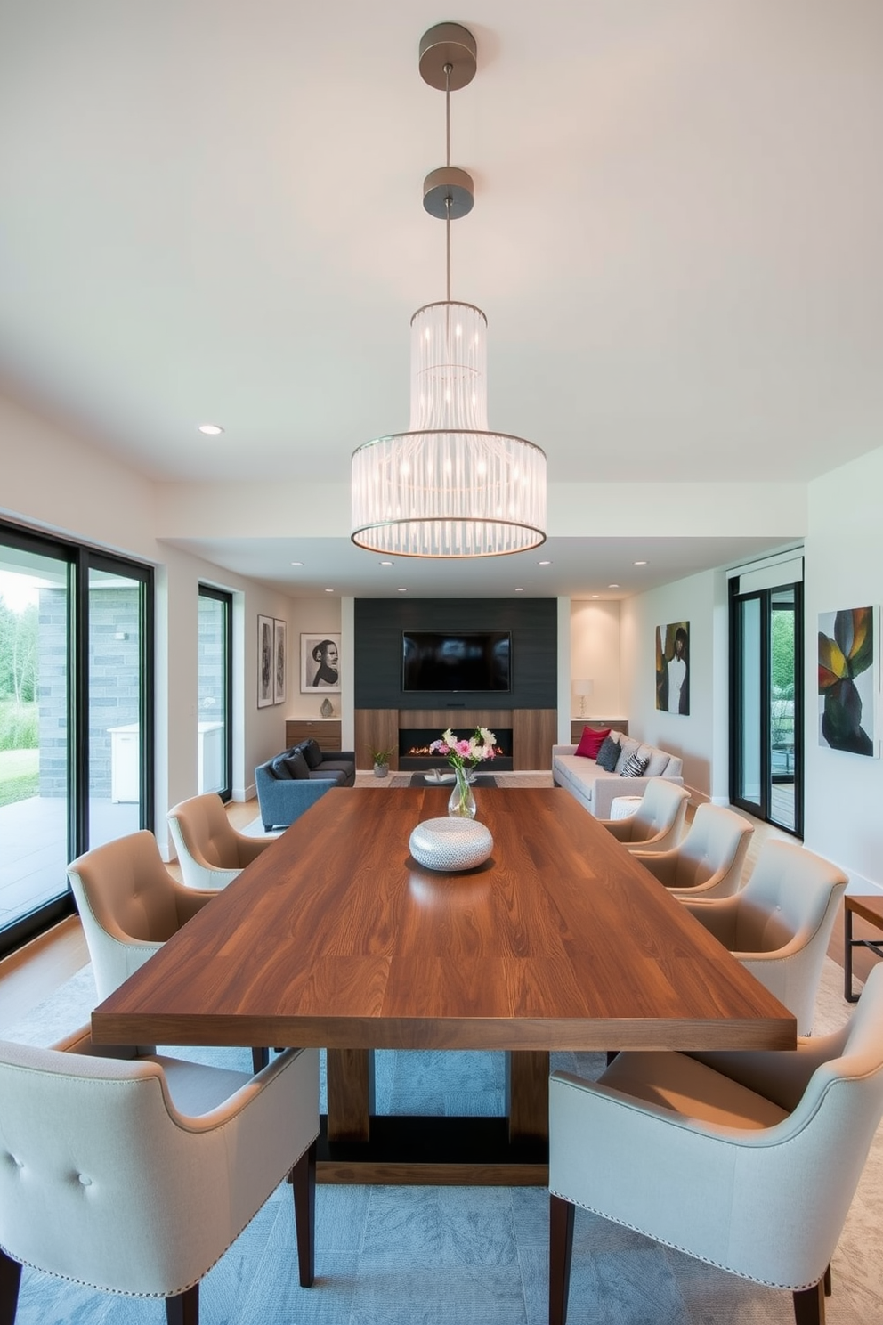 A contemporary dining area featuring a large wooden table surrounded by upholstered chairs. Above the table, a stunning statement light fixture adds a focal point to the space, enhancing the modern aesthetic. The basement design incorporates a cozy lounge area with plush seating and a sleek coffee table. Large windows provide natural light, and the walls are adorned with contemporary art to create an inviting atmosphere.