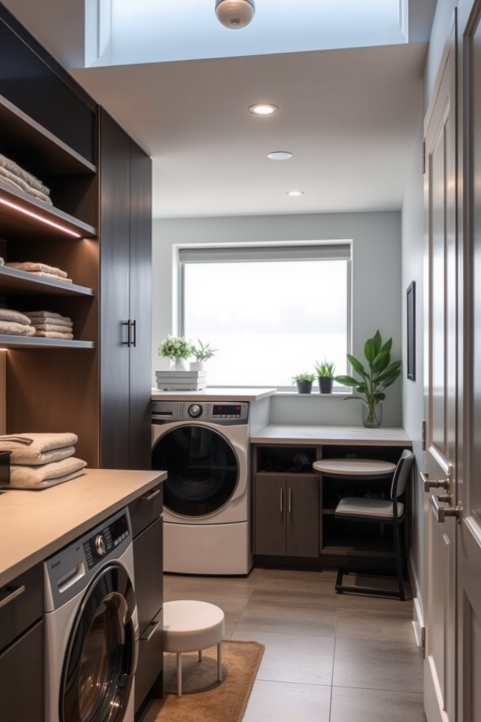 A modern laundry room featuring smart storage solutions. There are sleek cabinets with integrated shelving, a spacious countertop for folding clothes, and energy-efficient appliances seamlessly built into the design. The modern basement design includes an open-concept layout with a cozy seating area and a stylish bar. Soft lighting highlights the contemporary decor, while large windows provide natural light, creating an inviting atmosphere.