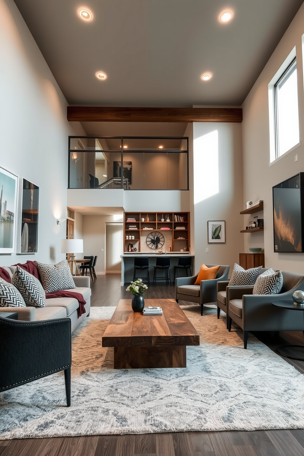 Inviting lounge area with cozy blankets. Soft lighting creates a warm atmosphere, complemented by plush sofas adorned with textured cushions. The space features a stylish coffee table made of reclaimed wood, surrounded by a few elegant accent chairs. A large area rug anchors the seating arrangement, while shelves display curated books and decorative items. Modern basement design ideas. The layout includes an open concept with a sleek bar area, perfect for entertaining guests. Floor-to-ceiling windows allow natural light to flood the space, highlighting the contemporary artwork on the walls. The color palette is a mix of cool grays and warm wood tones, creating a balanced and inviting environment.