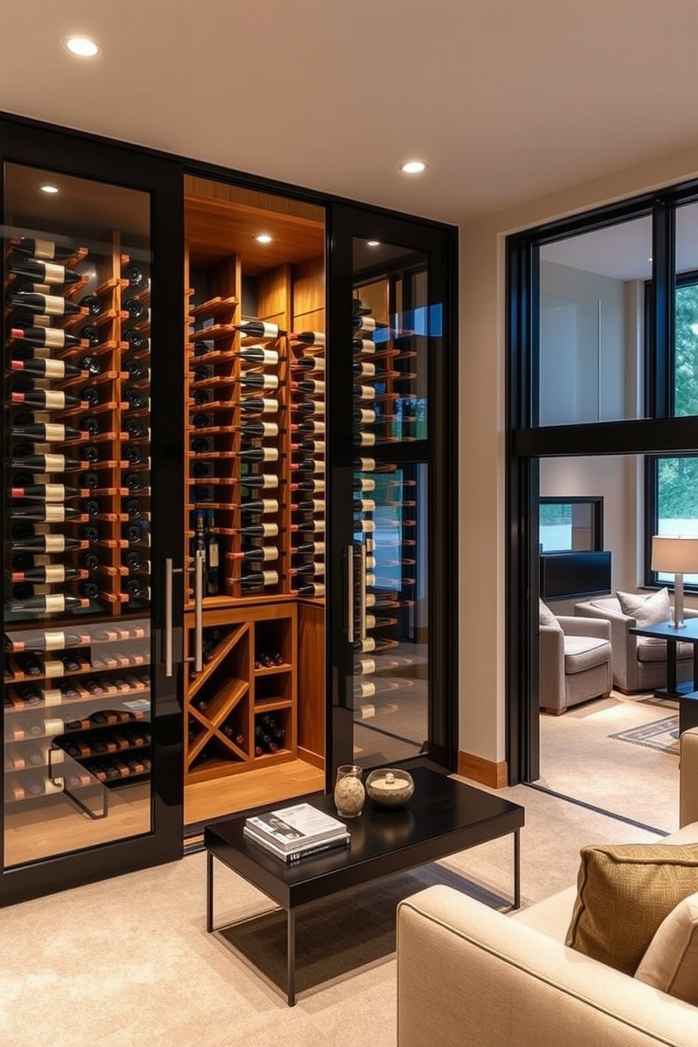 A stylish wine cellar with glass doors features a sleek wooden wine rack that holds an extensive collection of bottles. Soft ambient lighting highlights the rich tones of the wood and creates an inviting atmosphere for entertaining. The modern basement design includes a cozy lounge area with plush seating and a contemporary coffee table. Large windows allow natural light to flood the space, enhancing the warm color palette and creating a welcoming retreat.