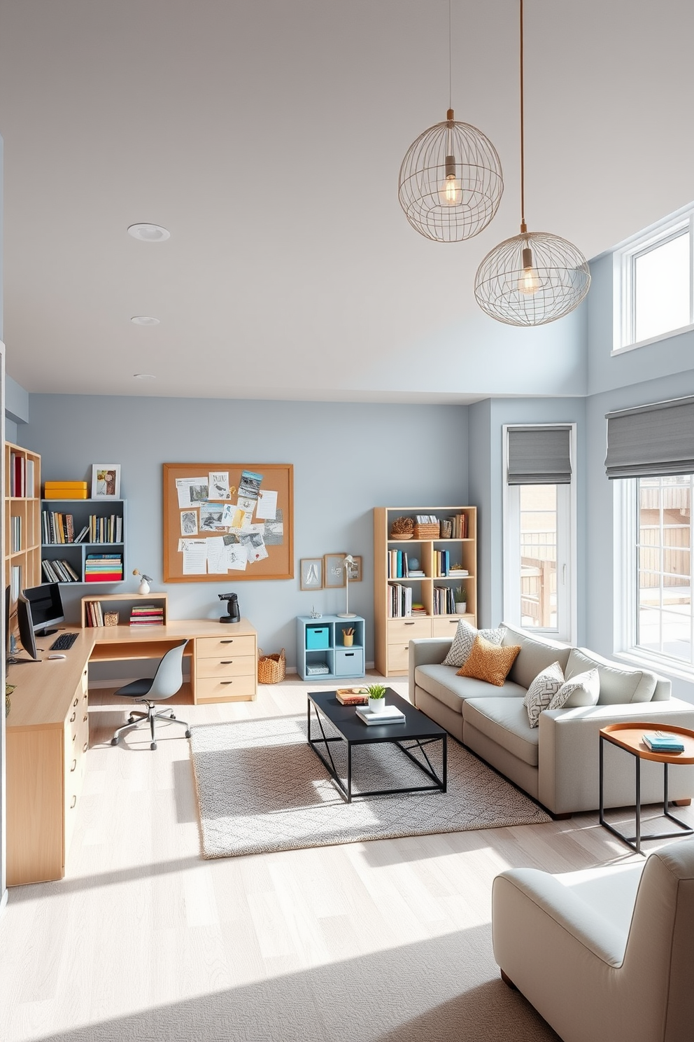 A bright and cheerful kids homework area with ample desk space. The walls are painted in a soft blue color, and there are colorful shelves filled with books and art supplies. The desk is large and made of light wood, with comfortable chairs for studying. A bulletin board hangs above the desk, covered in drawings and reminders, while a cozy rug adds warmth to the space. A modern basement design featuring an open layout with sleek furniture. The walls are painted in a neutral gray tone, and large windows allow natural light to flood the area. A stylish sectional sofa is positioned around a contemporary coffee table, creating a perfect space for relaxation. Decorative lighting fixtures hang from the ceiling, adding a touch of elegance to the overall design.