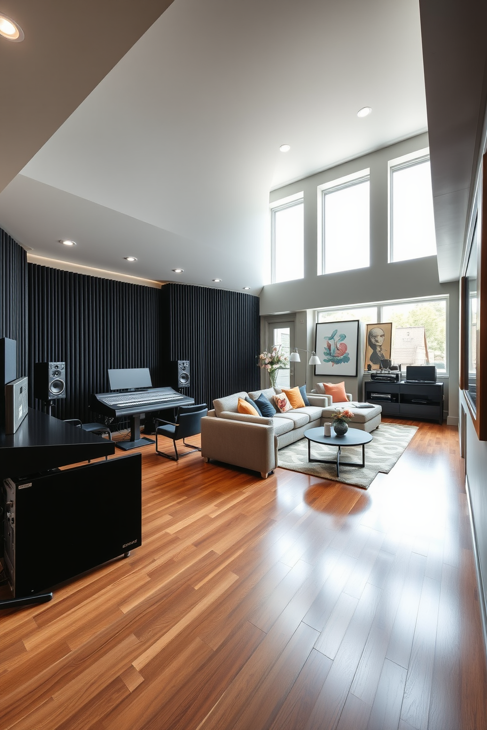 A trendy music studio with soundproofing features a sleek black acoustic paneling on the walls and a polished wooden floor that absorbs sound. The room is equipped with state-of-the-art recording equipment, including a large mixing console and comfortable seating for musicians. The modern basement design showcases an open layout with a cozy lounge area featuring a plush sectional sofa and a stylish coffee table. Large windows allow natural light to flood the space, while contemporary art pieces adorn the walls, adding a touch of elegance.