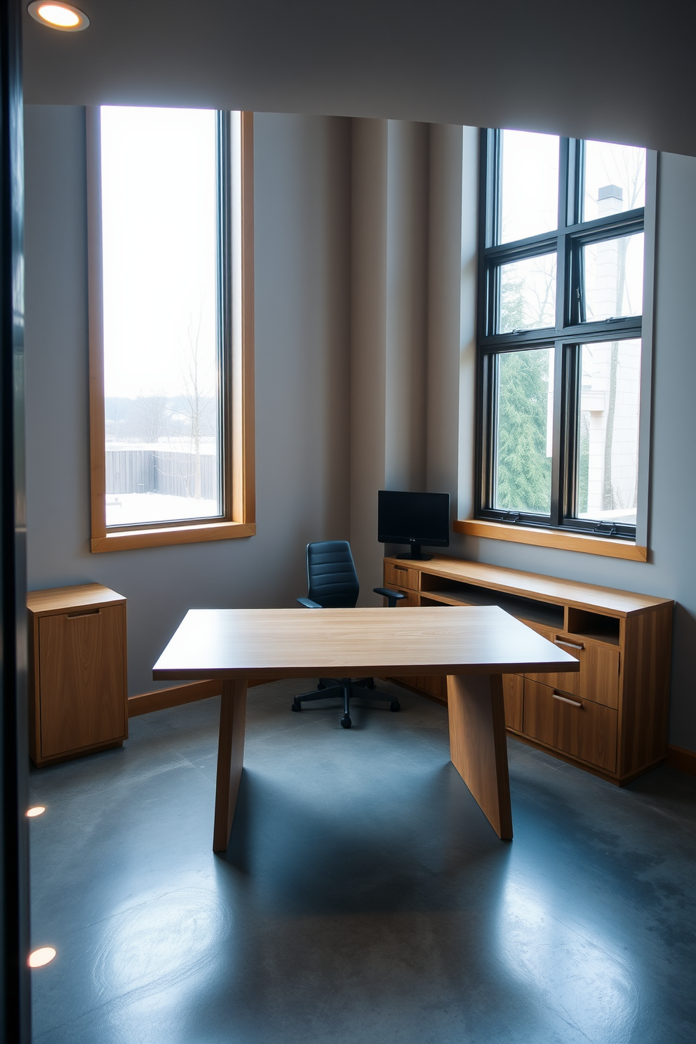 Bright workspace with large windows. The room features a large oak desk positioned in front of the windows, allowing natural light to fill the space. Modern basement design ideas. The area is finished with sleek concrete floors and soft recessed lighting, creating a cozy yet contemporary atmosphere.