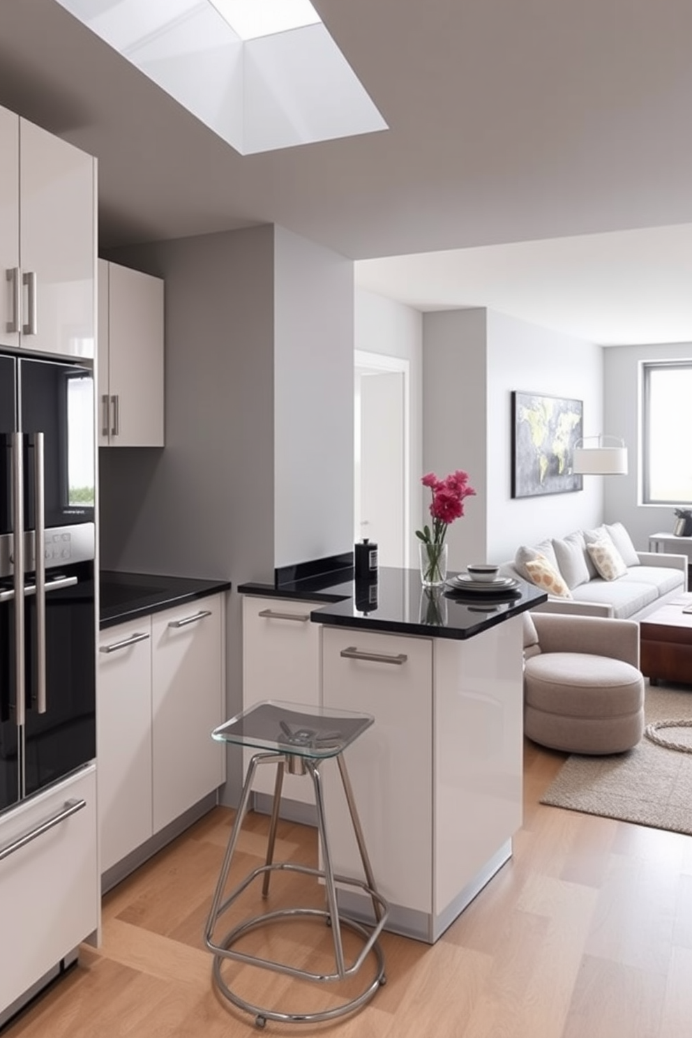 A sleek kitchenette featuring modern appliances and a minimalist design. The cabinetry is a glossy white with stainless steel handles, and the countertop is a striking black quartz. The space includes a built-in refrigerator and a sleek induction cooktop. A small island with bar stools offers a cozy spot for casual dining and entertaining. Modern basement design ideas showcase an open layout with comfortable seating. The walls are painted in a light gray, and large windows provide ample natural light.