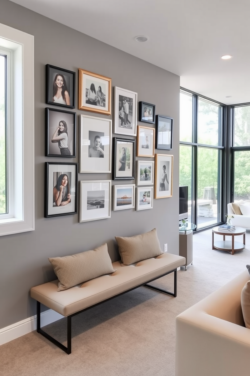 A unique gallery wall features a mix of framed personal artwork and photographs arranged in an eclectic style. The wall is painted in a soft gray to enhance the colors of the art pieces, and a stylish bench is placed below for seating. The modern basement design incorporates sleek furniture with clean lines and a neutral color palette. Large windows allow natural light to flood the space, highlighting the contemporary decor and creating an inviting atmosphere.