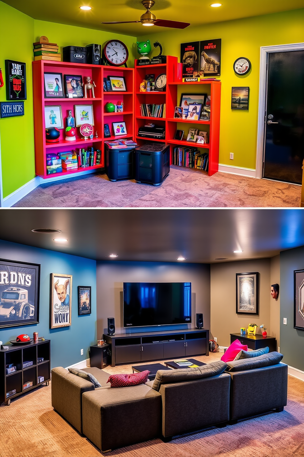 A vibrant themed room dedicated to hobbies and interests. The walls are painted in bright, playful colors with shelves displaying various collectibles and artwork related to the theme. A cozy modern basement featuring a sleek entertainment area. Plush seating surrounds a large screen, while stylish lighting fixtures illuminate the space, creating a welcoming atmosphere.