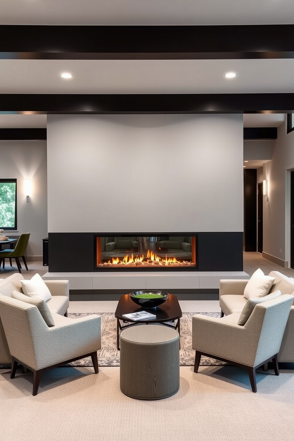 A modern fireplace serves as the focal point of the room, featuring a sleek linear design with a minimalist frame. Surrounding the fireplace, a cozy seating area is arranged with plush sofas and contemporary accent chairs, creating an inviting atmosphere. The modern basement design incorporates an open layout with a combination of functional spaces for relaxation and entertainment. Large windows allow natural light to flood in, while stylish lighting fixtures enhance the ambiance throughout the area.