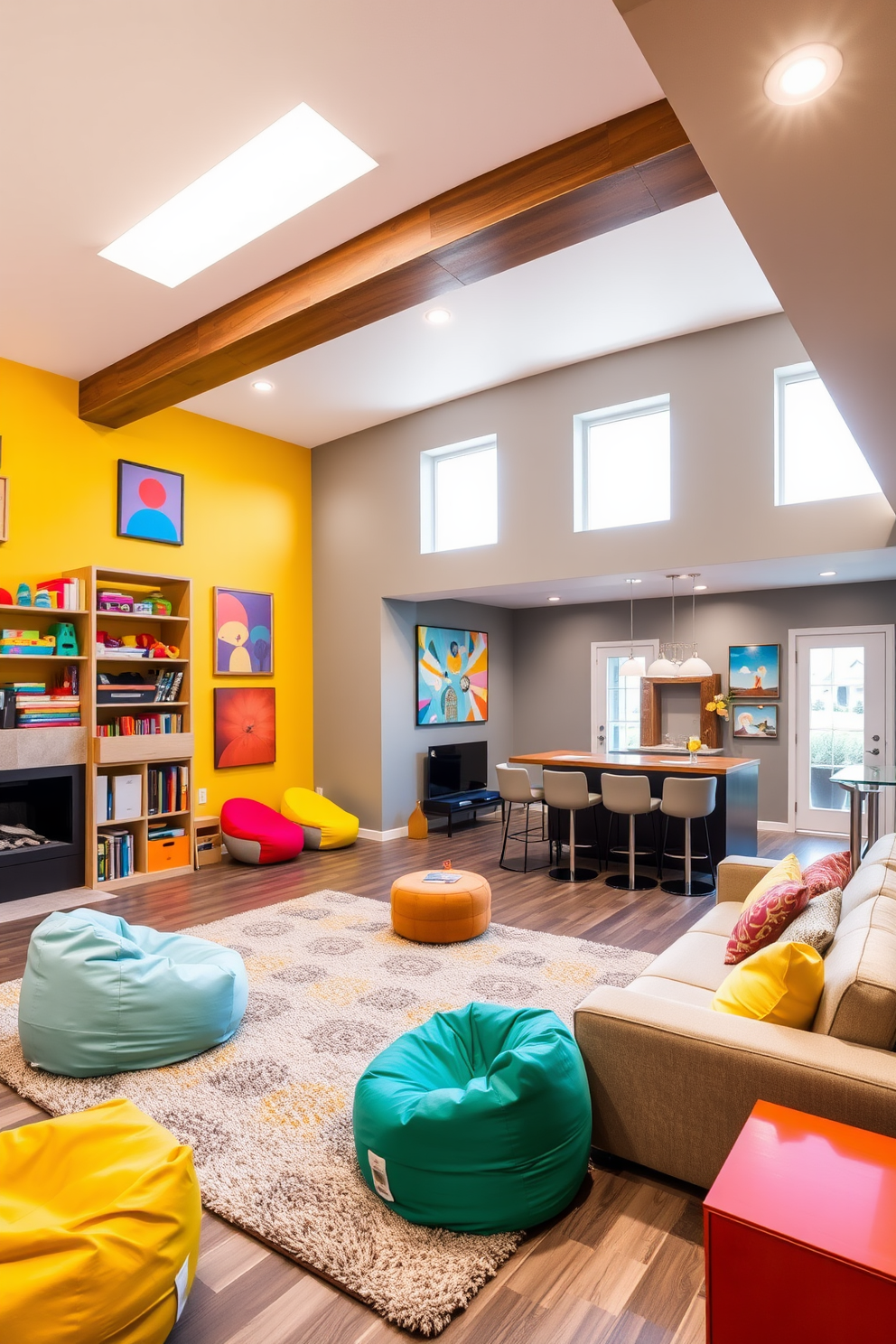 Bright playroom with colorful accents. The walls are painted in a cheerful yellow, and vibrant artwork adorns the space. A large, plush area rug in a playful pattern covers the floor, providing a soft play area. Shelves filled with toys and books are neatly organized, and bean bag chairs in various colors invite relaxation. Modern basement design ideas. The space features an open layout with sleek furniture and large windows that let in natural light. A cozy sectional sofa faces a contemporary fireplace, while a stylish bar area is equipped with high stools and elegant lighting. The walls are painted in a cool gray tone, complemented by wooden accents for warmth.