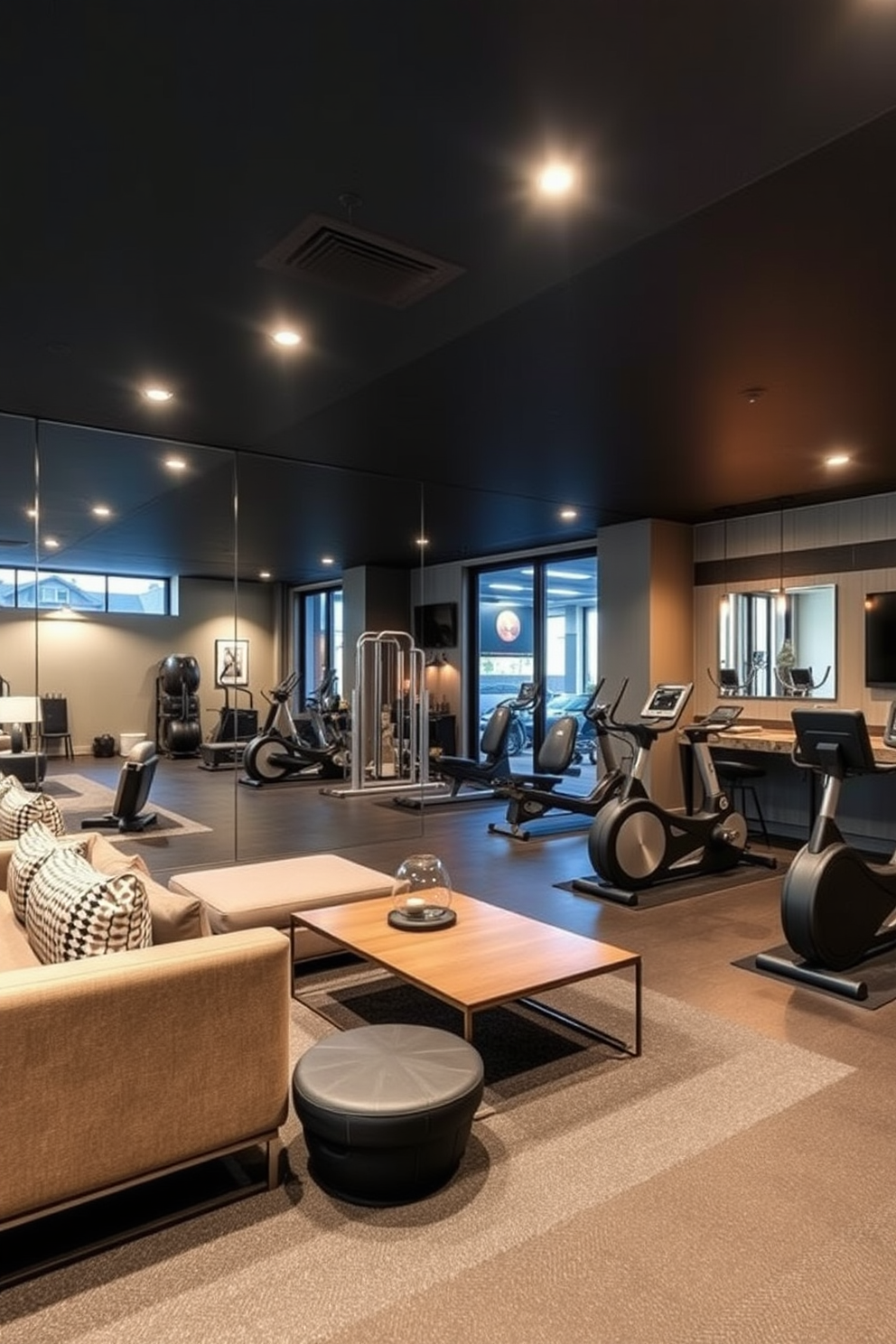 A functional gym with mirrored walls features a variety of exercise equipment including weights and cardio machines. The flooring is a durable rubber material, and the space is illuminated with bright overhead lighting to enhance visibility. Modern basement design ideas incorporate an open layout with a cozy lounge area and a sleek bar. Large windows allow natural light to flood the space, while contemporary furniture and decor create a stylish yet comfortable atmosphere.