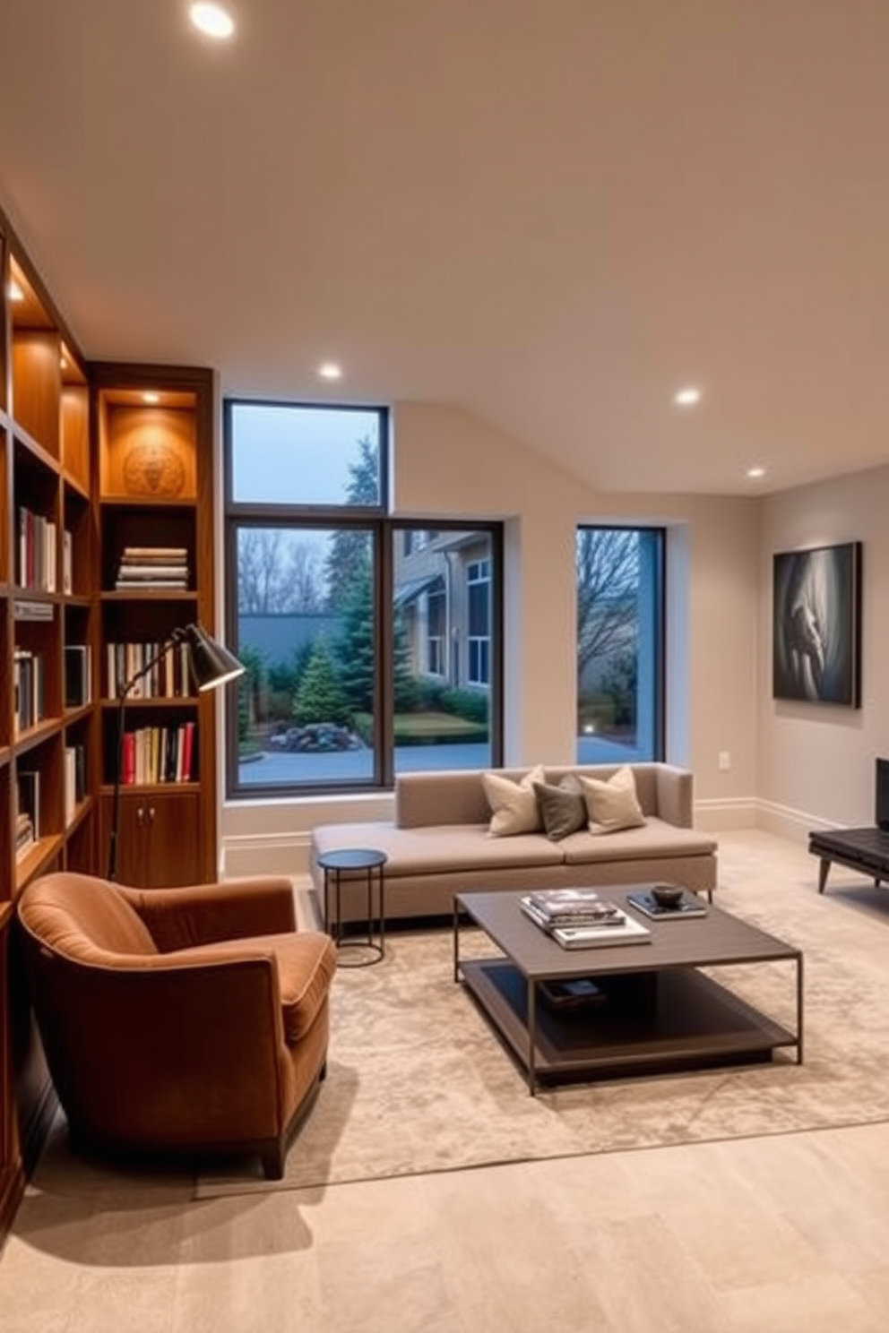 Warm reading nook with built-in shelves. The nook features a plush armchair in a soft fabric, a small side table, and a floor lamp that provides gentle lighting for reading. Modern basement design ideas. The space includes an open layout with a sleek sectional sofa, a minimalist coffee table, and large windows that bring in natural light, complemented by contemporary artwork on the walls.