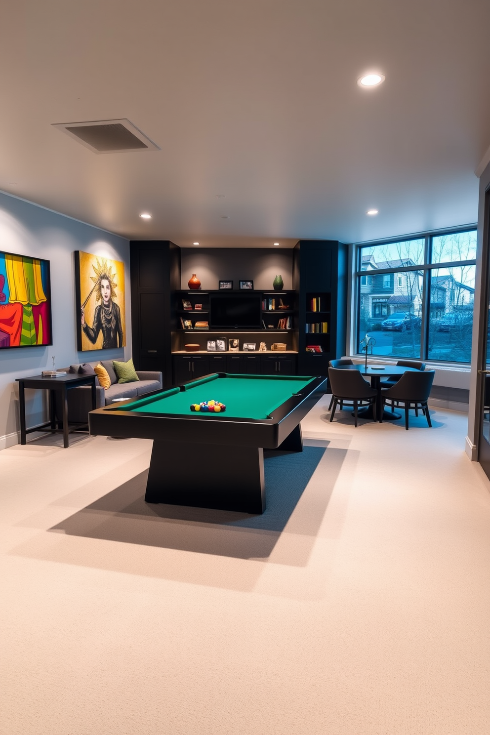 A stylish game room featuring a sleek billiards table at its center, surrounded by comfortable seating and vibrant artwork on the walls. A dedicated area for board games is set up in one corner, complete with a large table and shelves stocked with various games. The modern basement design incorporates soft ambient lighting and a neutral color palette, creating a cozy yet sophisticated atmosphere. Large windows allow natural light to flow in, enhancing the inviting feel of the space.