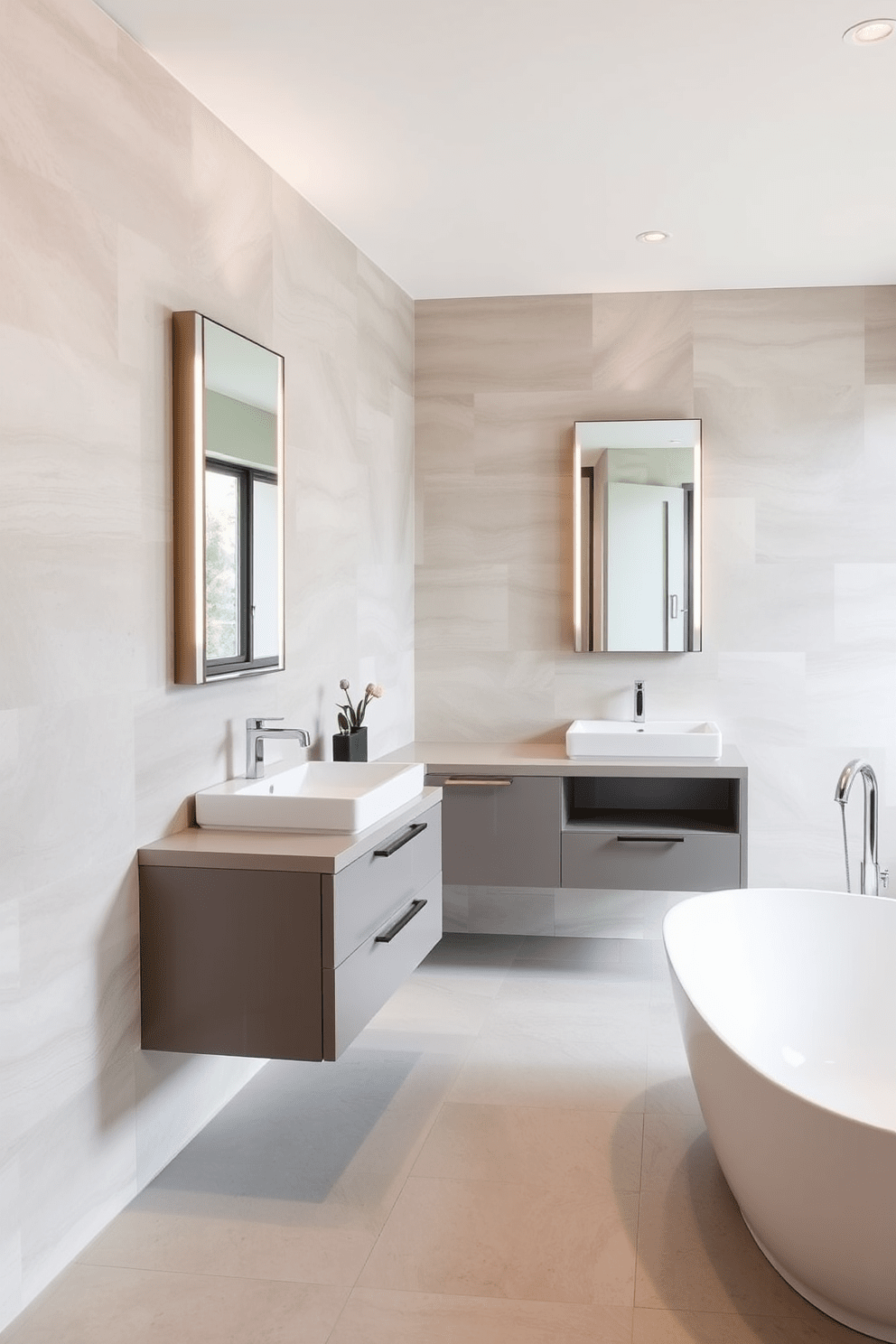 Sleek floating vanities with integrated sinks create a seamless and contemporary look in a modern bathroom. The vanities feature clean lines and minimalistic hardware, complemented by a backdrop of large format tiles in a soft neutral color. The space is enhanced by backlit mirrors that add a touch of elegance and functionality. A freestanding tub with a minimalist design sits beside the vanity, surrounded by natural light from large windows.