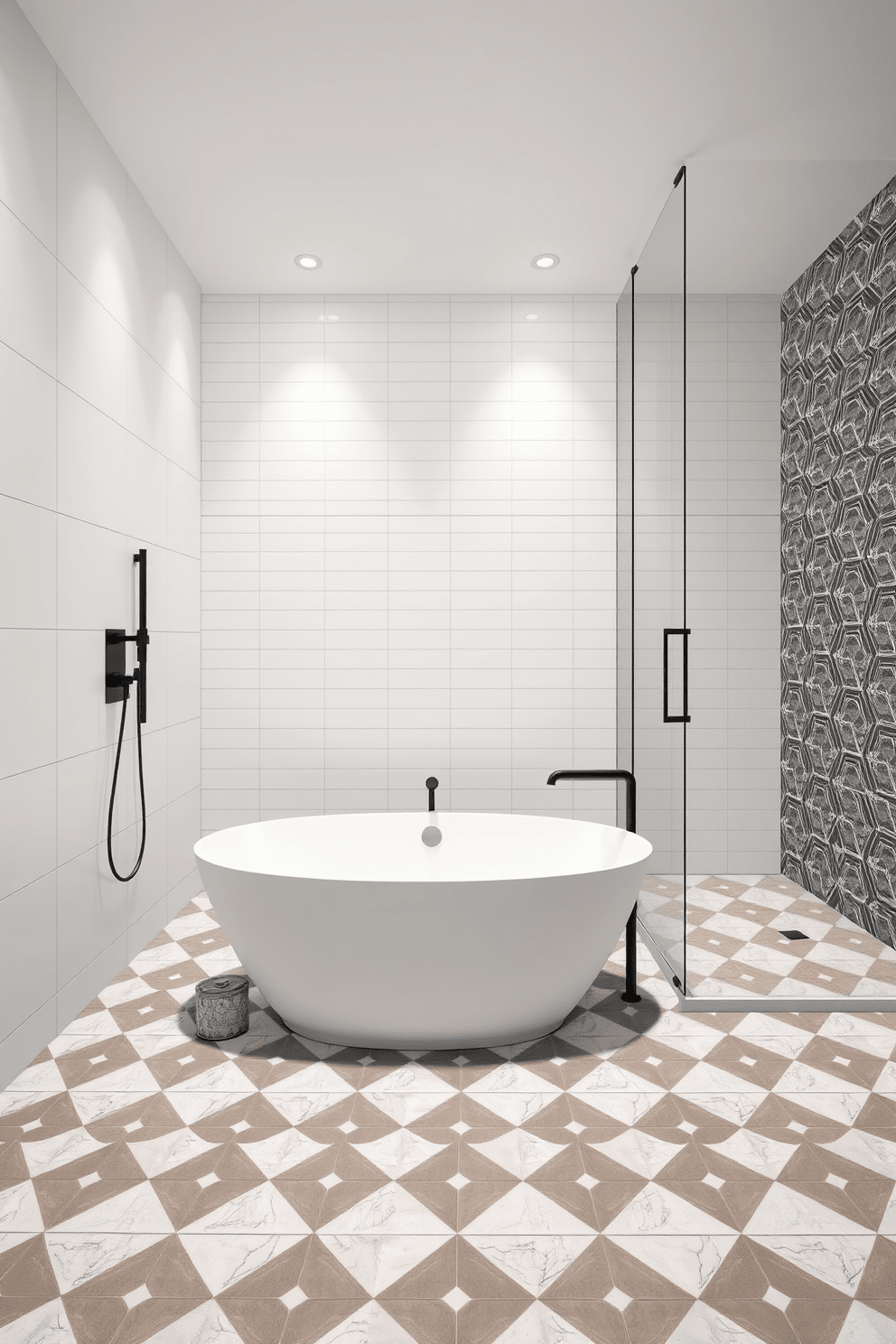 A modern bathroom featuring geometric patterns in the floor tiles. The walls are adorned with sleek white tiles, and a freestanding bathtub sits elegantly in the center of the room. A large walk-in shower with glass doors showcases intricate tile designs that create a stunning focal point. Minimalist fixtures in matte black contrast beautifully with the bright surfaces, enhancing the overall contemporary aesthetic.