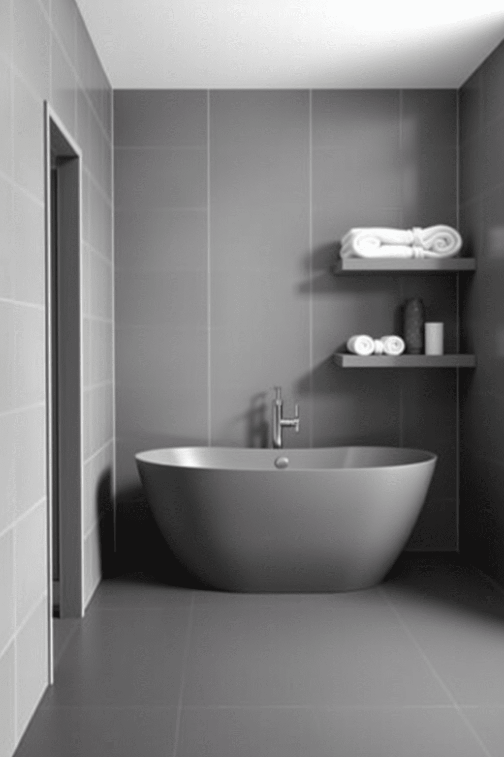 A modern bathroom design featuring a monochromatic color scheme with shades of gray. The walls are adorned with large gray tiles, and the floor is finished with a sleek dark gray material. A freestanding tub takes center stage, complemented by a minimalist faucet in a matching hue. Floating shelves in a lighter gray hold neatly rolled towels and decorative items, enhancing the elegant atmosphere.