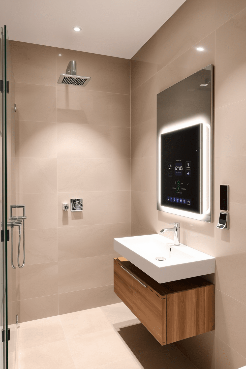 A modern bathroom featuring smart technology seamlessly integrated into the design. The space includes a touchless faucet and a digital shower control panel that adjusts water temperature and flow with ease. The walls are adorned with sleek, large-format tiles in a neutral palette. A floating vanity with a backlit mirror enhances the contemporary feel, while soft ambient lighting creates a relaxing atmosphere.