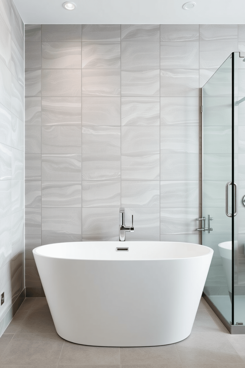 Textured wall panels create a striking backdrop in a modern bathroom. The panels are finished in a soft gray tone, adding depth and sophistication to the space. A sleek freestanding bathtub is positioned in front of the textured wall, offering a luxurious focal point. Complementing the bathtub, a minimalist shower enclosure features frameless glass and polished chrome fixtures.