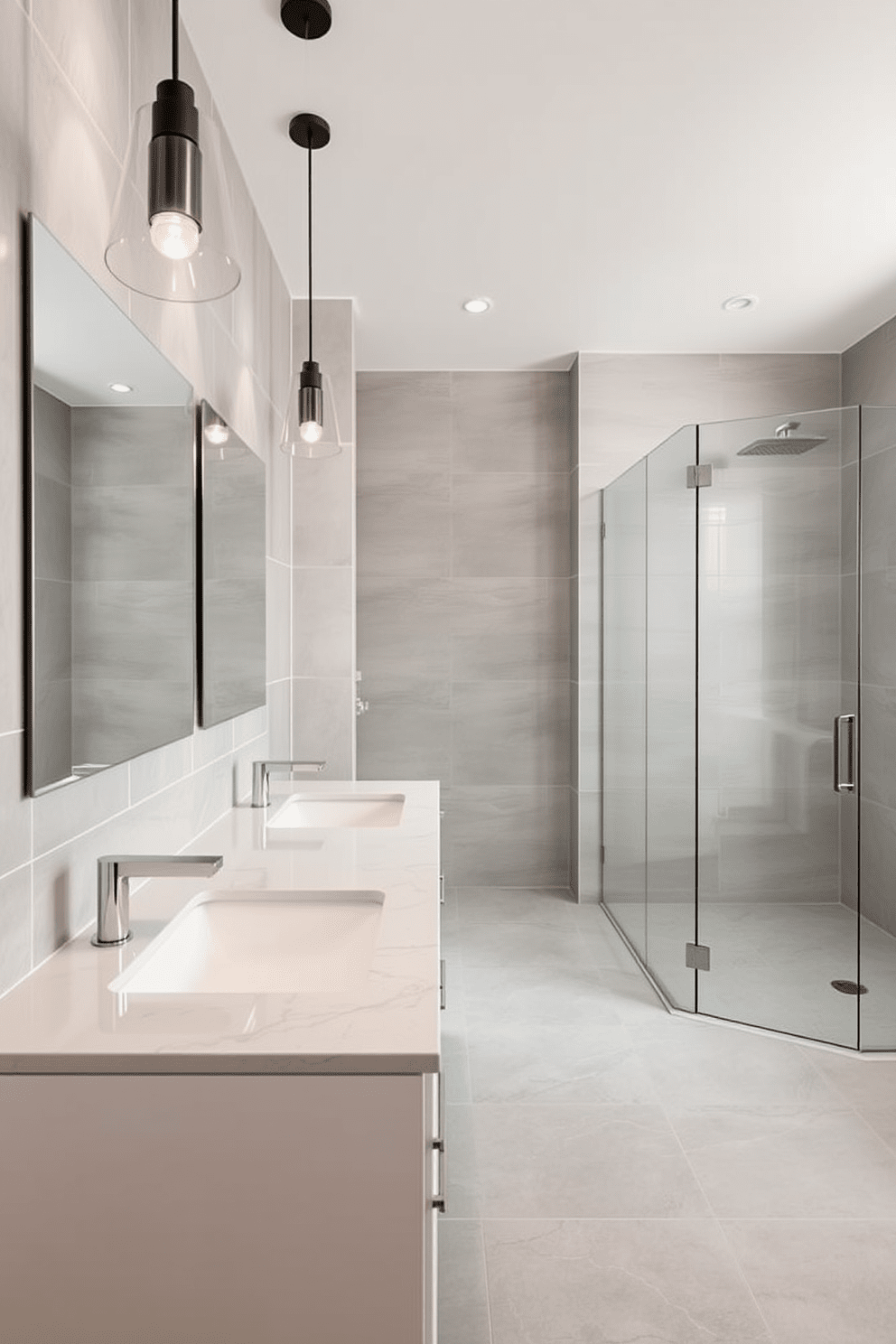 A modern bathroom design featuring double sinks for shared spaces. The sleek vanity showcases a minimalist aesthetic with a polished quartz countertop and contemporary fixtures. The walls are adorned with large-format tiles in a soft gray tone, creating a calming atmosphere. A spacious walk-in shower with glass doors complements the overall layout, while stylish pendant lights provide warm illumination.