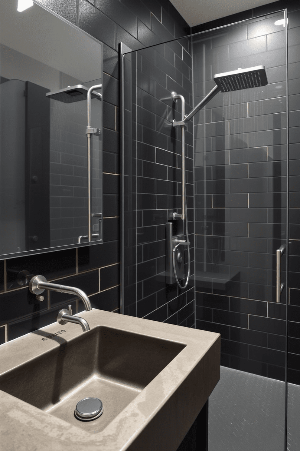 A modern bathroom featuring industrial elements with sleek metal finishes. The space includes a concrete sink with brushed nickel fixtures and an exposed pipe system that adds character. The walls are adorned with large subway tiles in a matte black finish, creating a striking contrast. A frameless glass shower enclosure showcases a rainfall showerhead, enhancing the contemporary feel of the design.