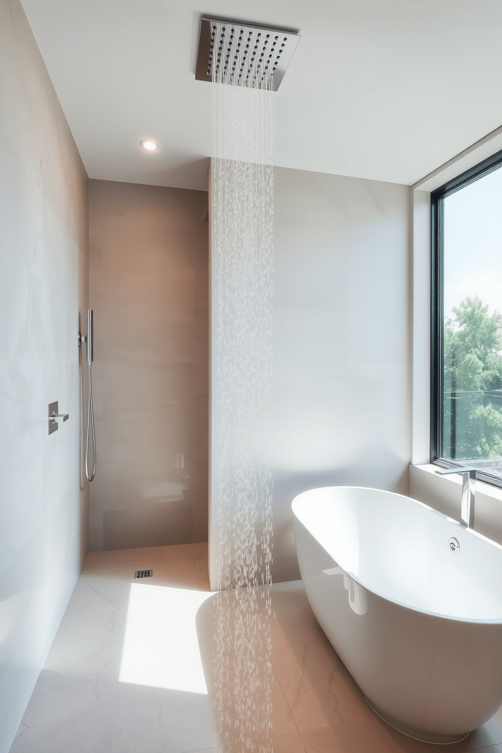 A modern bathroom design featuring a luxurious rainfall showerhead that creates a spa-like experience. The space includes sleek tiles in soft neutral tones and a freestanding soaking tub positioned near a large window for natural light.