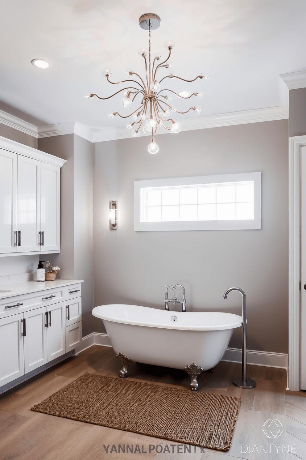 A modern bathroom featuring unique light fixtures that serve as statement pieces. The ceiling is adorned with an artistic chandelier while pendant lights hang gracefully above the vanity. The walls are painted in a soft gray, creating a serene backdrop for the sleek white cabinetry. A freestanding bathtub sits elegantly in the corner, complemented by a textured rug beneath it.