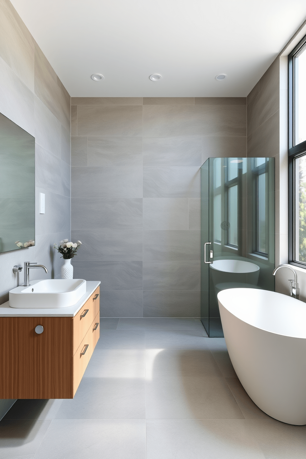 A modern bathroom design featuring large format tiles that create a spacious and open atmosphere. The walls are adorned with sleek, large tiles in a soft gray tone, complemented by a minimalist freestanding bathtub and a stylish glass shower enclosure. Natural light floods the room through a large window, enhancing the airy feel of the space. A floating vanity with a simple white sink and brushed nickel fixtures adds to the contemporary aesthetic while providing ample storage.