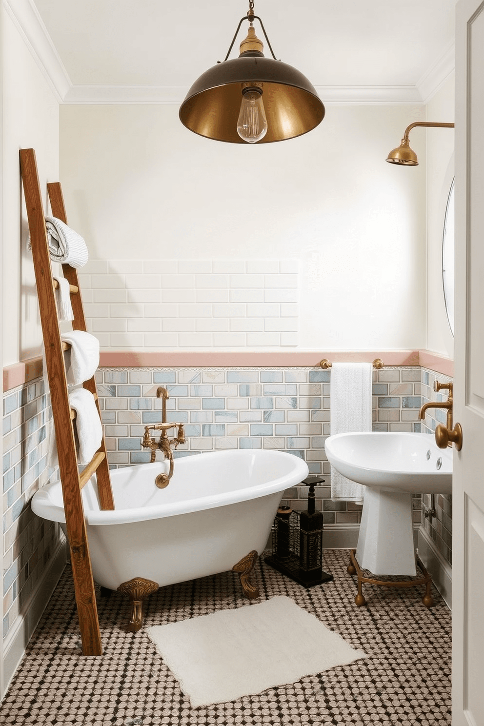 A modern bathroom design featuring vintage accents that add eclectic charm. The space includes a freestanding tub with a classic clawfoot design, complemented by a stylish shower with brass fixtures. The walls are adorned with a mix of patterned tiles and soft pastel paint, creating a warm and inviting atmosphere. A vintage wooden ladder leans against the wall, displaying plush towels, while a unique pendant light hangs above for added character.