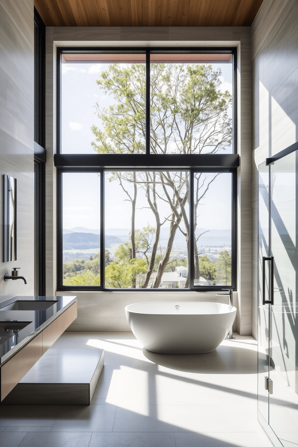 A modern bathroom with large windows allowing abundant natural light to fill the space. The design features sleek fixtures and a freestanding bathtub positioned to take advantage of the views outside. The walls are adorned with minimalist tiles in soft neutral tones. A spacious walk-in shower with glass doors complements the overall contemporary aesthetic.