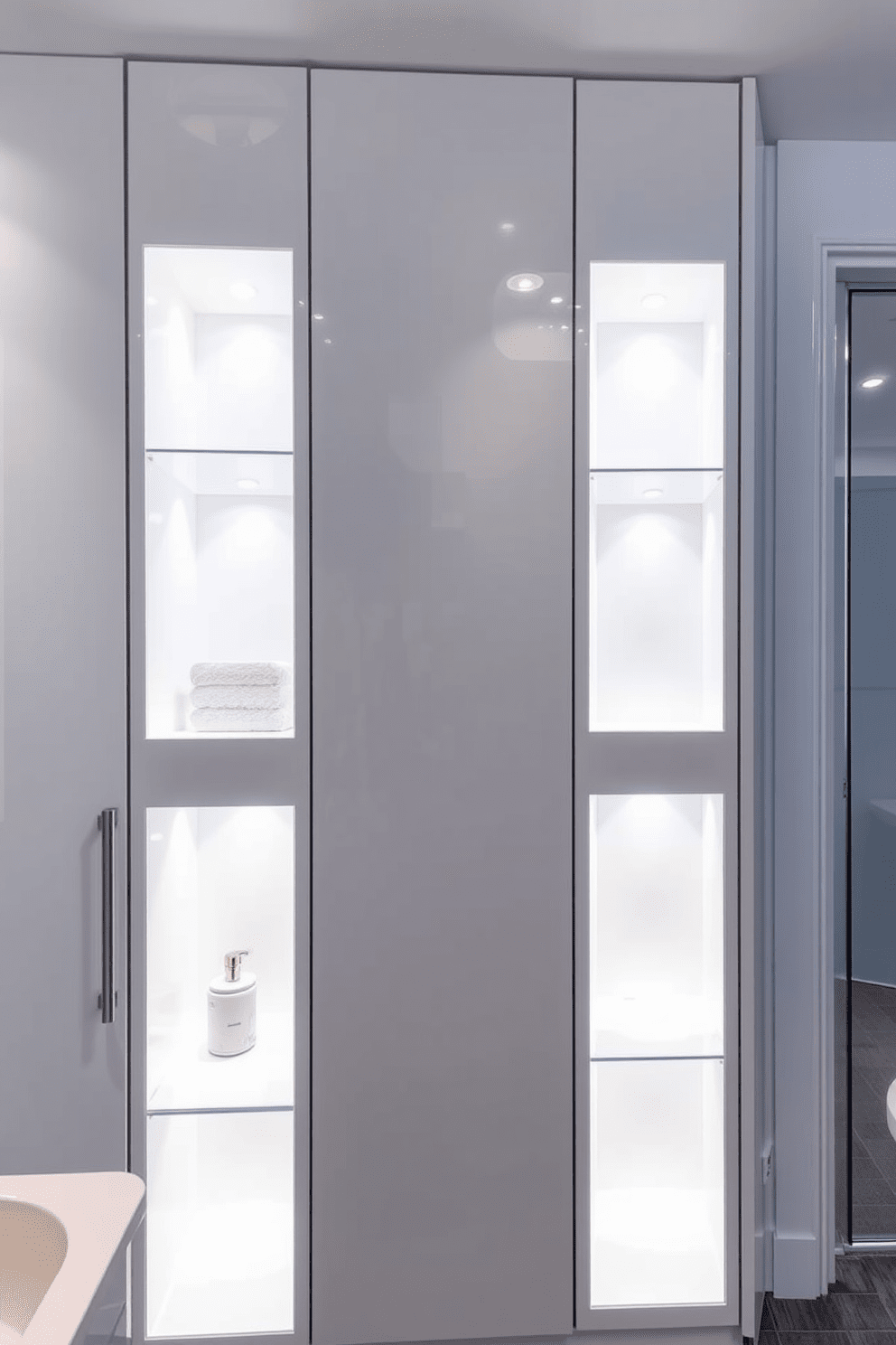 A modern bathroom featuring integrated lighting within sleek cabinetry designs. The cabinetry is finished in a glossy white with soft LED lights illuminating the interior shelves, creating a warm and inviting ambiance.