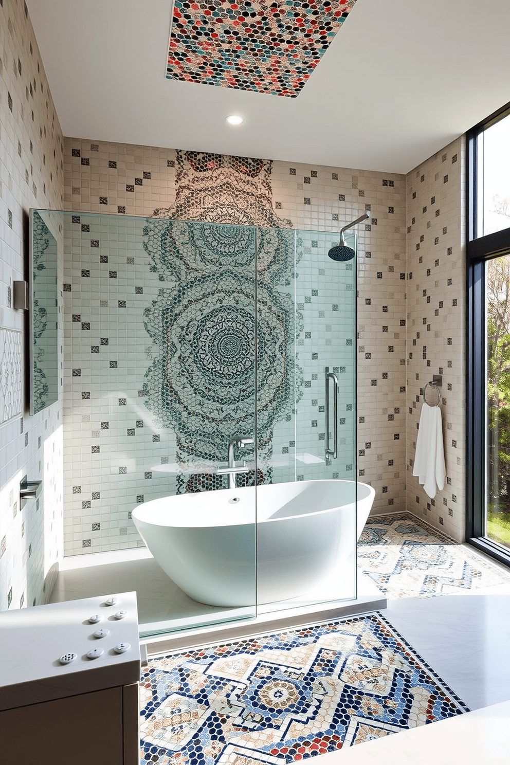 Artistic tile mosaics create a vibrant focal point in a modern bathroom. The walls are adorned with intricate patterns in various colors, complemented by sleek fixtures and minimalist decor. The spacious shower features frameless glass doors and a rainfall showerhead, enhancing the contemporary feel. A freestanding tub sits elegantly in the corner, surrounded by natural light from large windows.