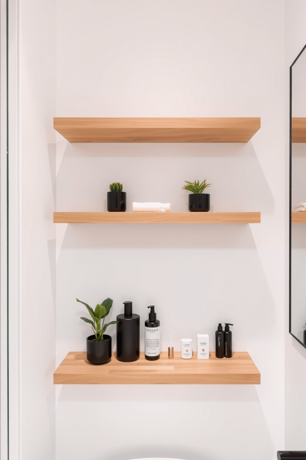 A modern bathroom featuring sleek floating shelves made of light wood, showcasing minimalist decor elements such as small potted plants and stylish toiletries. The walls are painted in a soft white, complementing the clean lines of the space and enhancing the overall sense of tranquility.