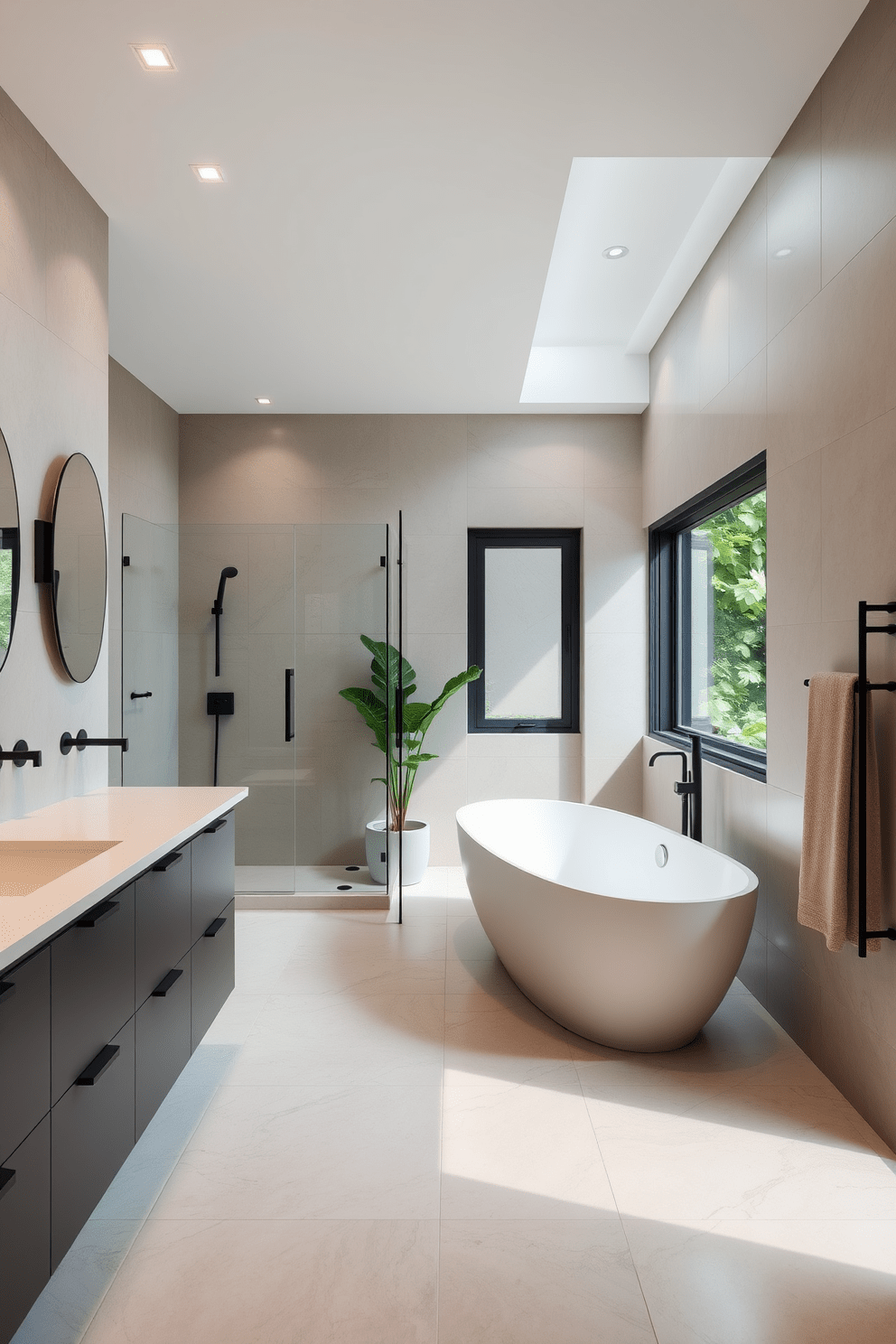 A modern bathroom design featuring heated floors for added comfort. The space includes sleek cabinetry, a spacious walk-in shower with glass doors, and a freestanding soaking tub positioned under a large window for natural light. The walls are adorned with large format tiles in a neutral palette, creating a serene ambiance. Elegant fixtures in matte black contrast beautifully with the soft tones, while lush greenery adds a touch of vitality to the decor.