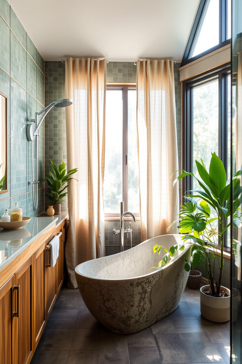 A modern bathroom design that emphasizes sustainable materials. The space features bamboo cabinetry, recycled glass tiles, and a rainwater shower system. Natural light floods the room through large windows adorned with organic fabric curtains. A freestanding tub made from reclaimed stone sits gracefully in the corner, surrounded by lush indoor plants.