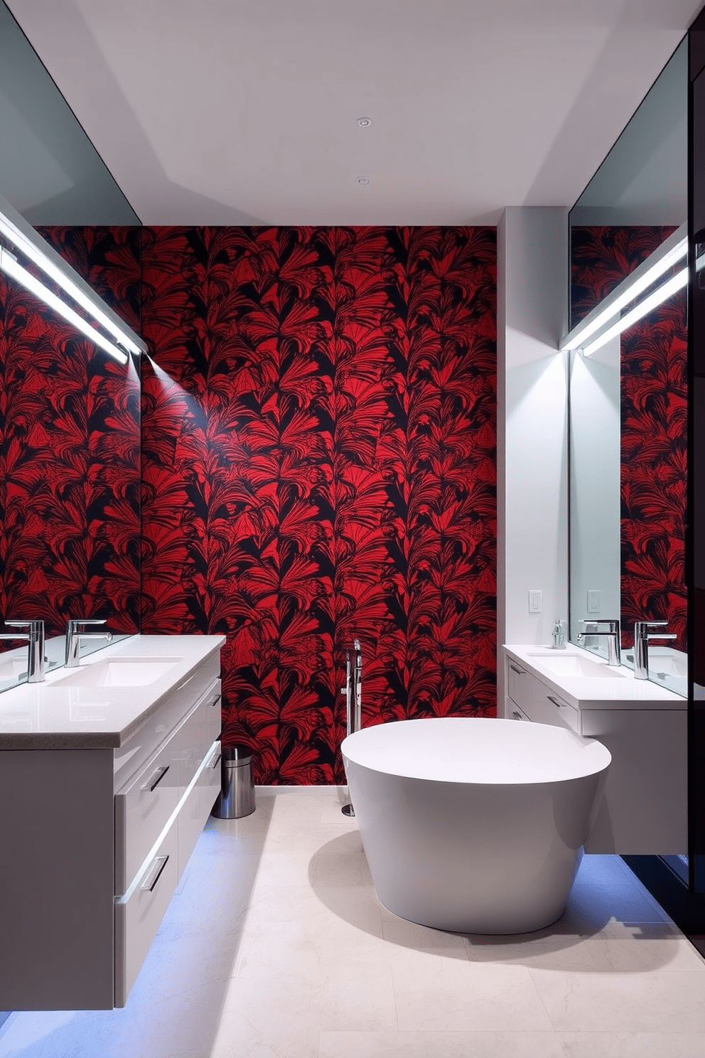 A modern bathroom featuring bold wallpaper that creates a dramatic focal point. The space includes sleek fixtures and a freestanding tub positioned against the vibrant backdrop. The vanity is minimalistic with a glossy finish and integrated lighting for a contemporary touch. Large mirrors reflect the striking wallpaper, enhancing the overall ambiance of the room.