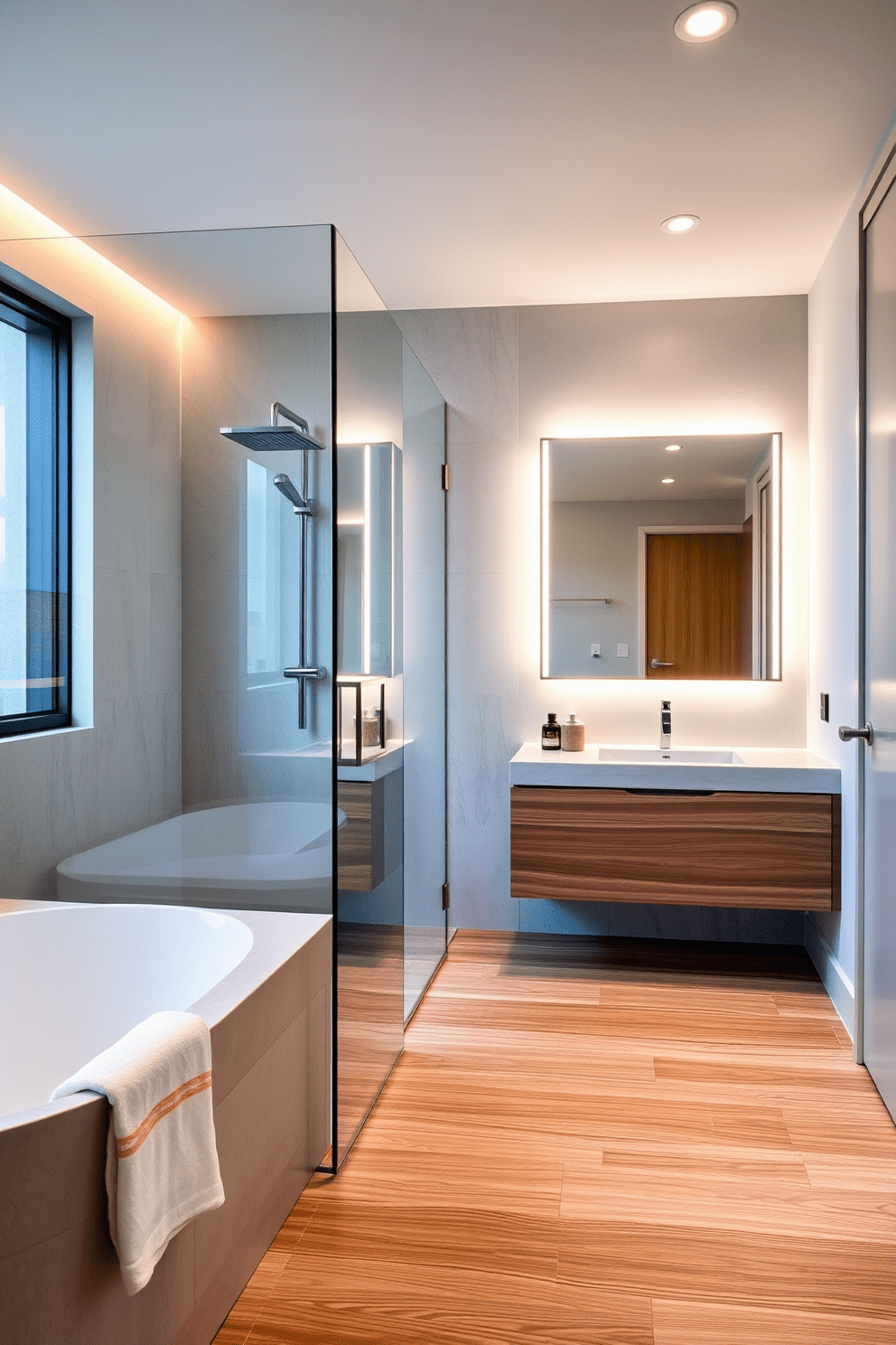 A modern bathroom design featuring a curbless shower that seamlessly transitions into the rest of the space. The shower area is enclosed with frameless glass panels, showcasing elegant tile work that extends to the floor. The bathroom includes a sleek floating vanity with a large backlit mirror above it. Soft, ambient lighting highlights the minimalist design, and natural materials like wood and stone create a warm and inviting atmosphere.