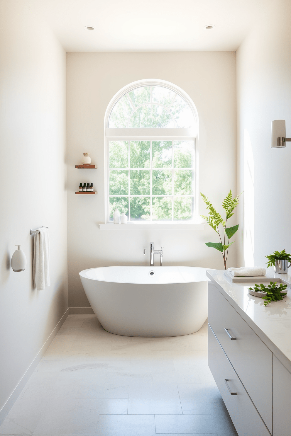 A serene bathroom oasis featuring a freestanding soaking tub centered under a large window. Soft natural light floods the space, highlighting the calming neutral tones of the walls and floor. Incorporate aromatherapy options with a built-in diffuser and shelves displaying essential oils. The vanity showcases a sleek design with a quartz countertop and minimalistic fixtures, complemented by plush towels and greenery for a refreshing touch.