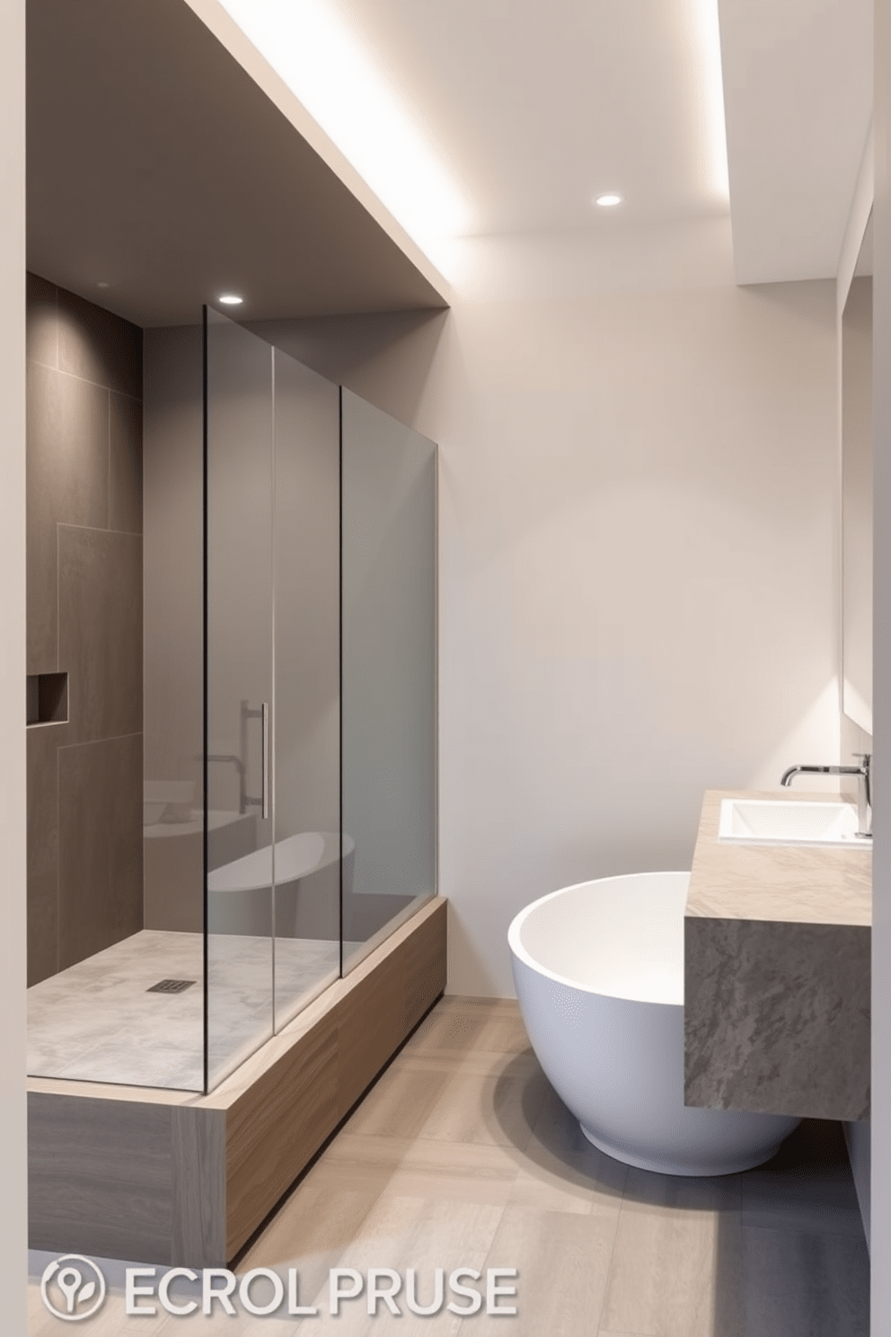 A modern bathroom featuring minimalist fixtures that emphasize clean lines. The space includes a sleek freestanding bathtub and a walk-in shower with frameless glass doors. The vanity is a simple floating design with a single basin and a polished stone countertop. Neutral color tones dominate the walls, complemented by natural wood accents and strategically placed LED lighting.