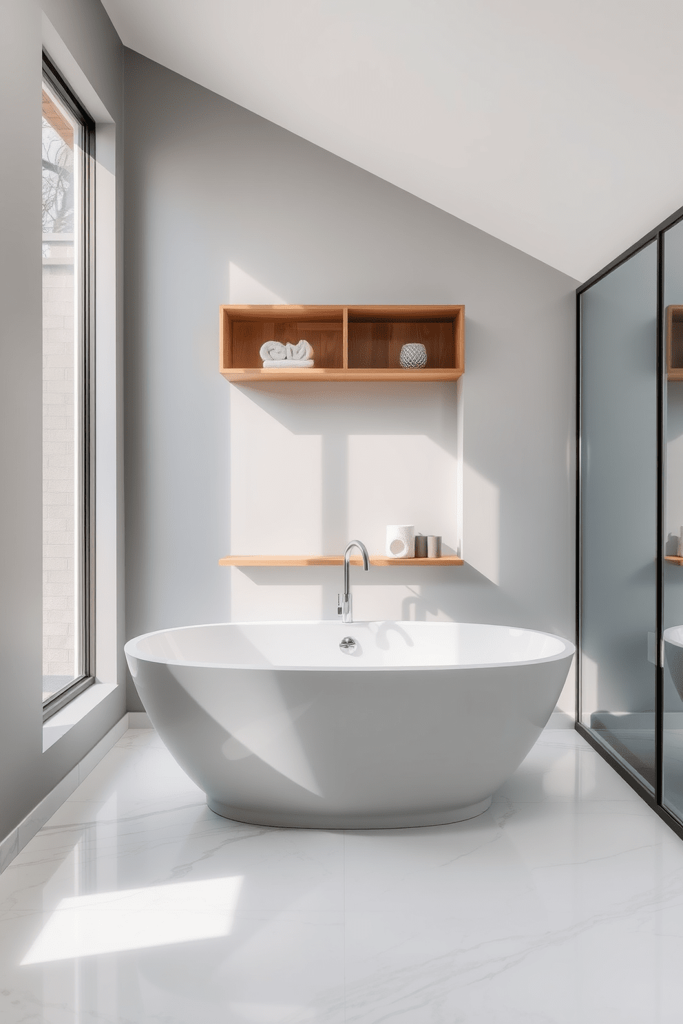 A modern bathroom design featuring a freestanding soaking tub as the focal point. The tub is elegantly positioned in the center of the space, surrounded by sleek marble tiles and large windows that allow natural light to flood in. The walls are painted in a soft gray hue, creating a calming atmosphere. A minimalist wooden shelf holds neatly rolled towels and decorative items, enhancing the contemporary aesthetic.