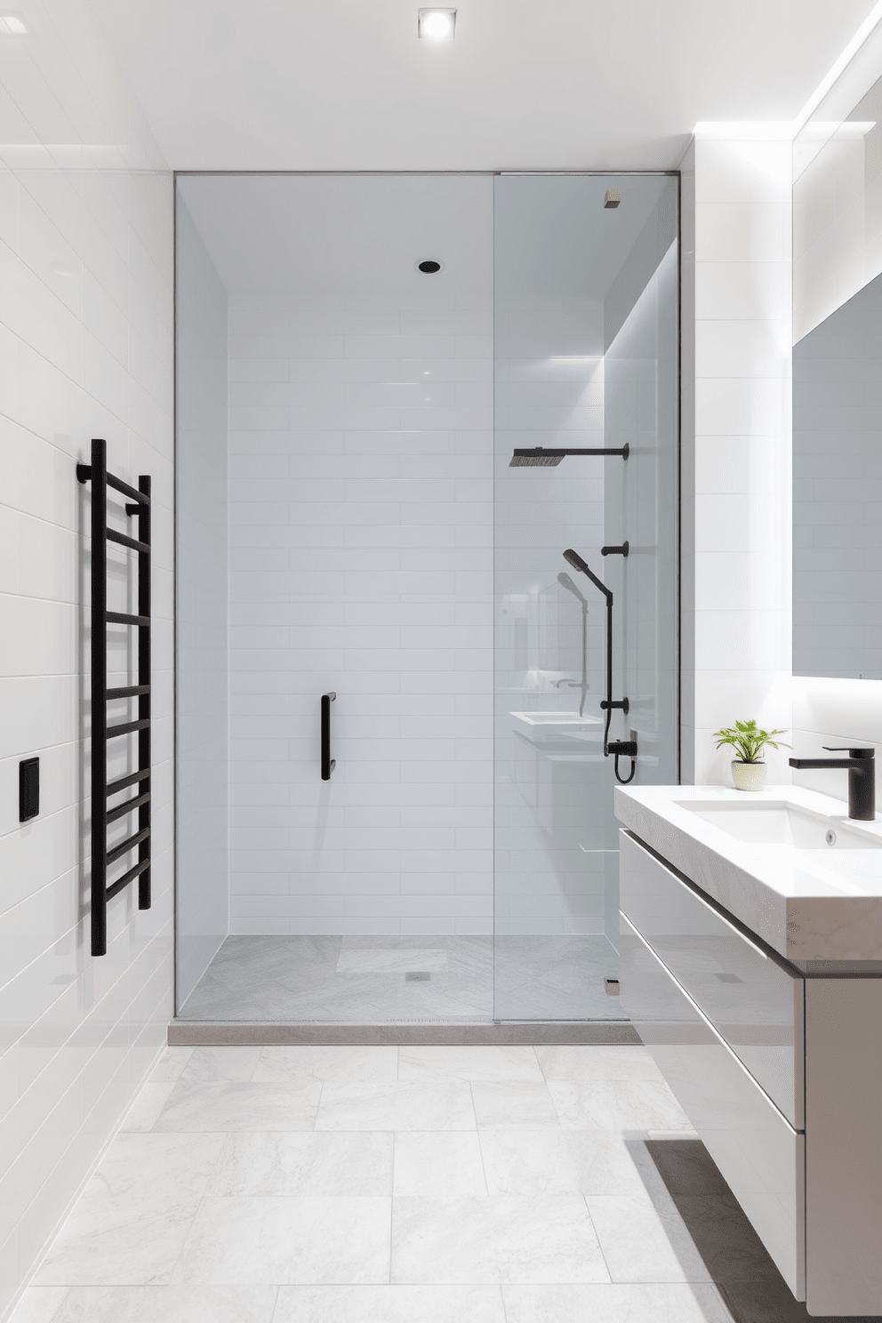 A modern bathroom featuring a spacious glass shower enclosure that creates an open and airy feel. The walls are adorned with sleek white tiles, and the floor boasts a light gray stone finish for a contemporary touch. The shower area is framed with minimalist black fixtures, and a floating vanity with a quartz countertop adds elegance. Soft LED lighting highlights the clean lines and modern aesthetic, while a small potted plant brings a touch of nature into the space.